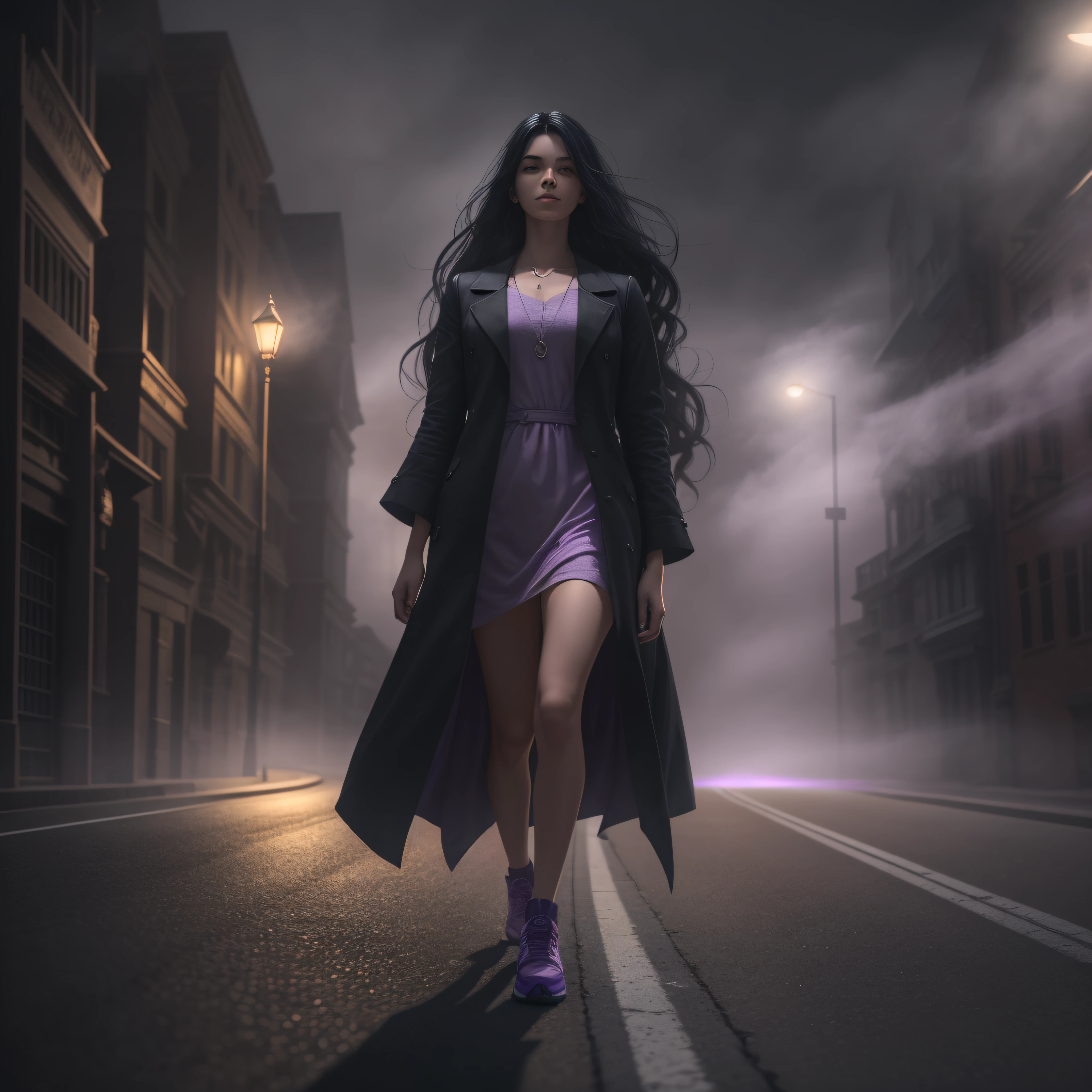 Woman walking head-on down a road at night, with fog and shadows, wavy and long black hair, detailed hand and fingers, high quality, ultra-detailed, 8k, masterpiece, (volumetric lighting), black magic, fanciful, lilac colors, purple, black and vivid shadows on the woman's return. --auto --s2