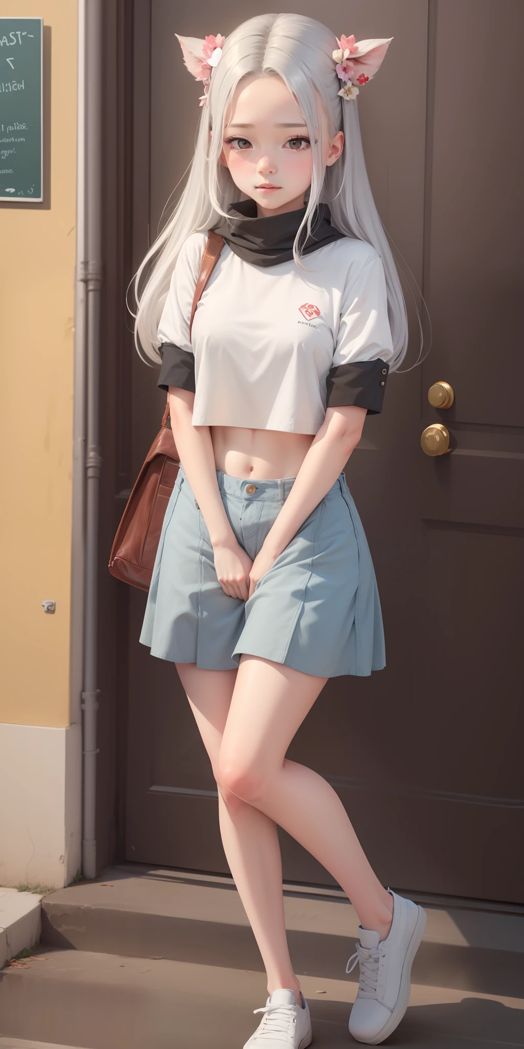 Best quality, masterpiece, 1girl, miniskirt, crop top, hair accessories, long silver hair