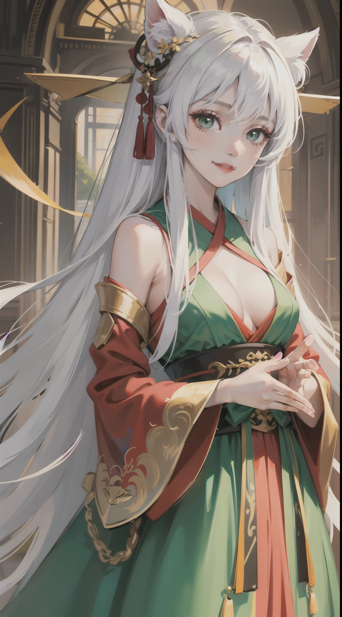 Adult girl, long white hair, green eyes, hanfu, open chest, smile, masterpiece, high quality