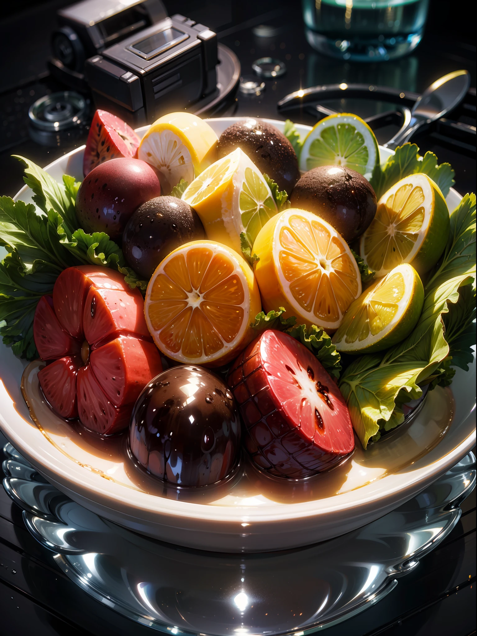 salad fruit , highly detailed, ultra hd detailed photo, digital style, shiny, beautiful, food photography; insanly sharp, splashy, glittery, ice cube, studio lighting, extraordinary, magical, fantasy, digital art, wlop, centered, symmetrical, photorealistic, intricate, volumetric lighting, beautiful, rich deep colors masterpiece, sharp focus, ultra detailed,food photography