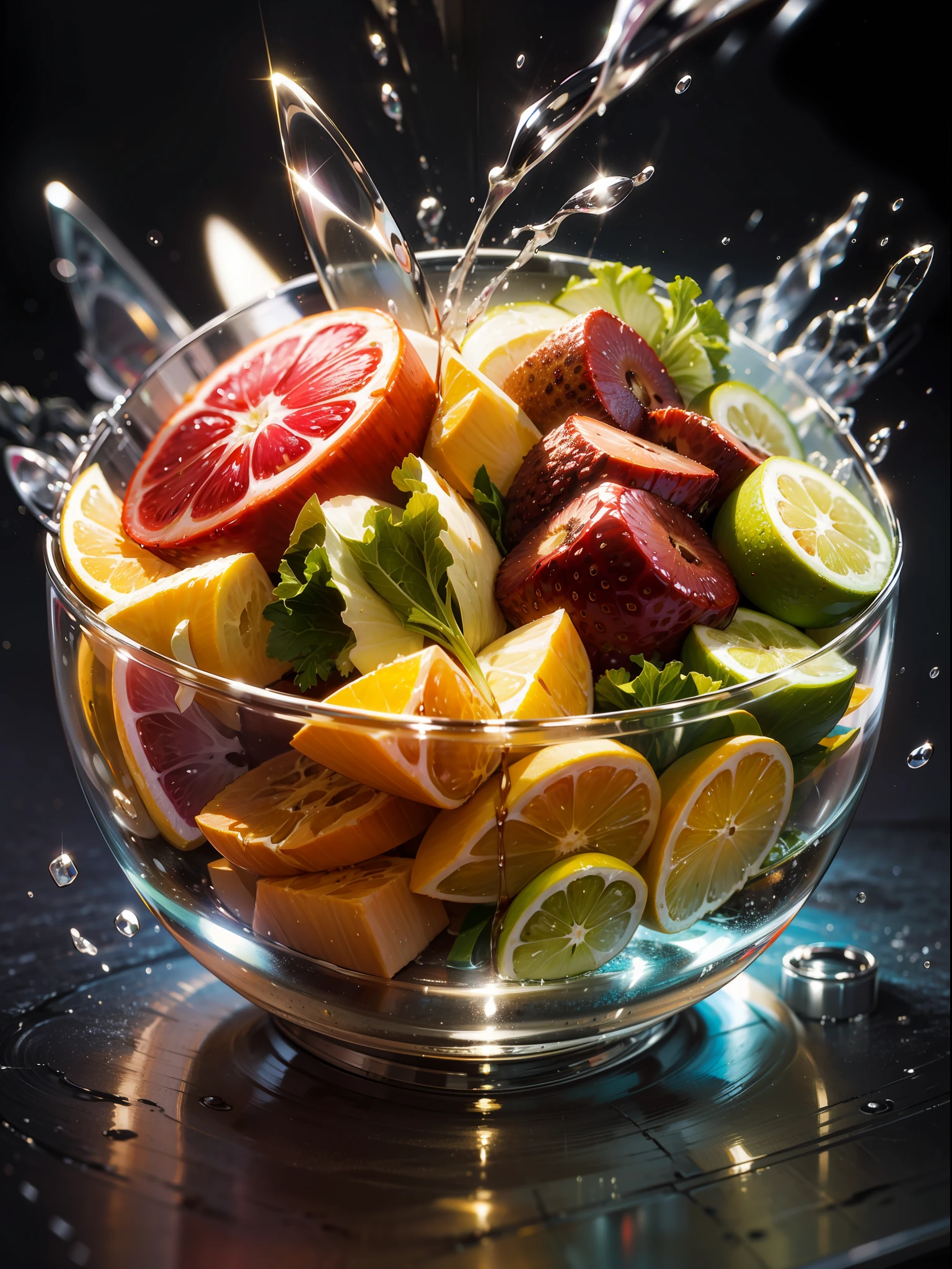salad fruit , highly detailed, ultra hd detailed photo, digital style, shiny, beautiful, food photography; insanly sharp, splashy, glittery,  ice cube, studio lighting, extraordinary, magical, fantasy, digital art, wlop, centered, symmetrical, photorealistic, intricate, volumetric lighting, beautiful, rich deep colors masterpiece, sharp focus, ultra detailed,food photography