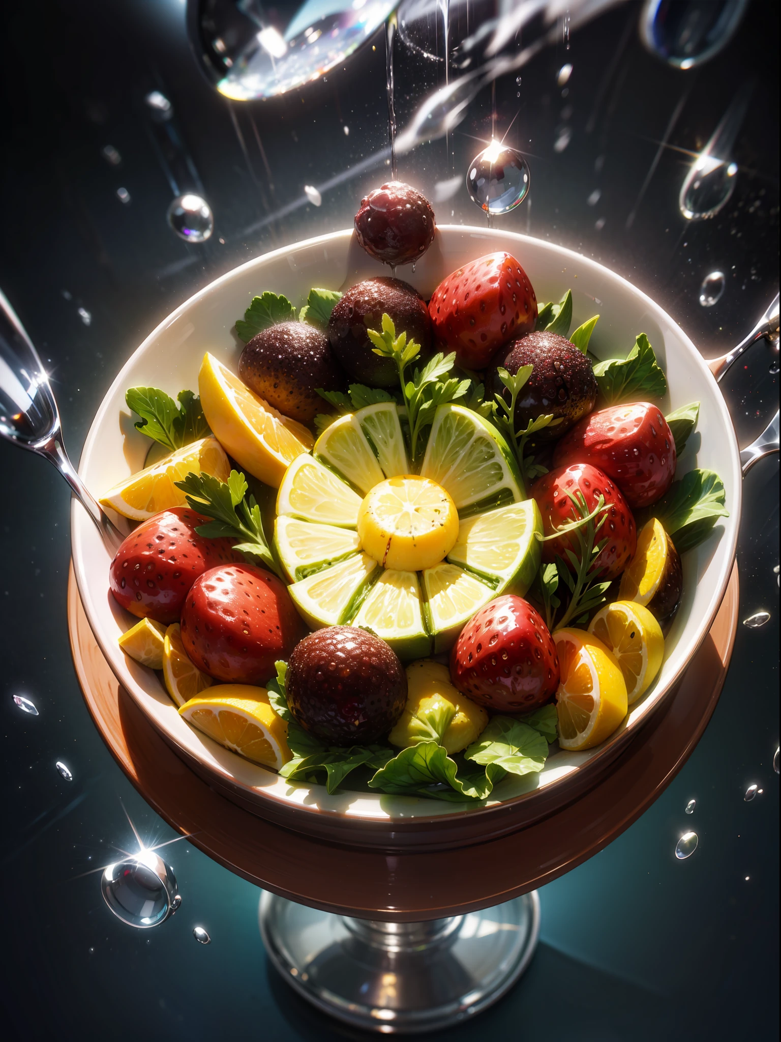 salad fruit , highly detailed, ultra hd detailed photo, digital style, shiny, beautiful, food photography; insanly sharp, splashy, glittery, ice cube, studio lighting, extraordinary, magical, fantasy, digital art, wlop, centered, symmetrical, photorealistic, intricate, volumetric lighting, beautiful, rich deep colors masterpiece, sharp focus, ultra detailed,food photography