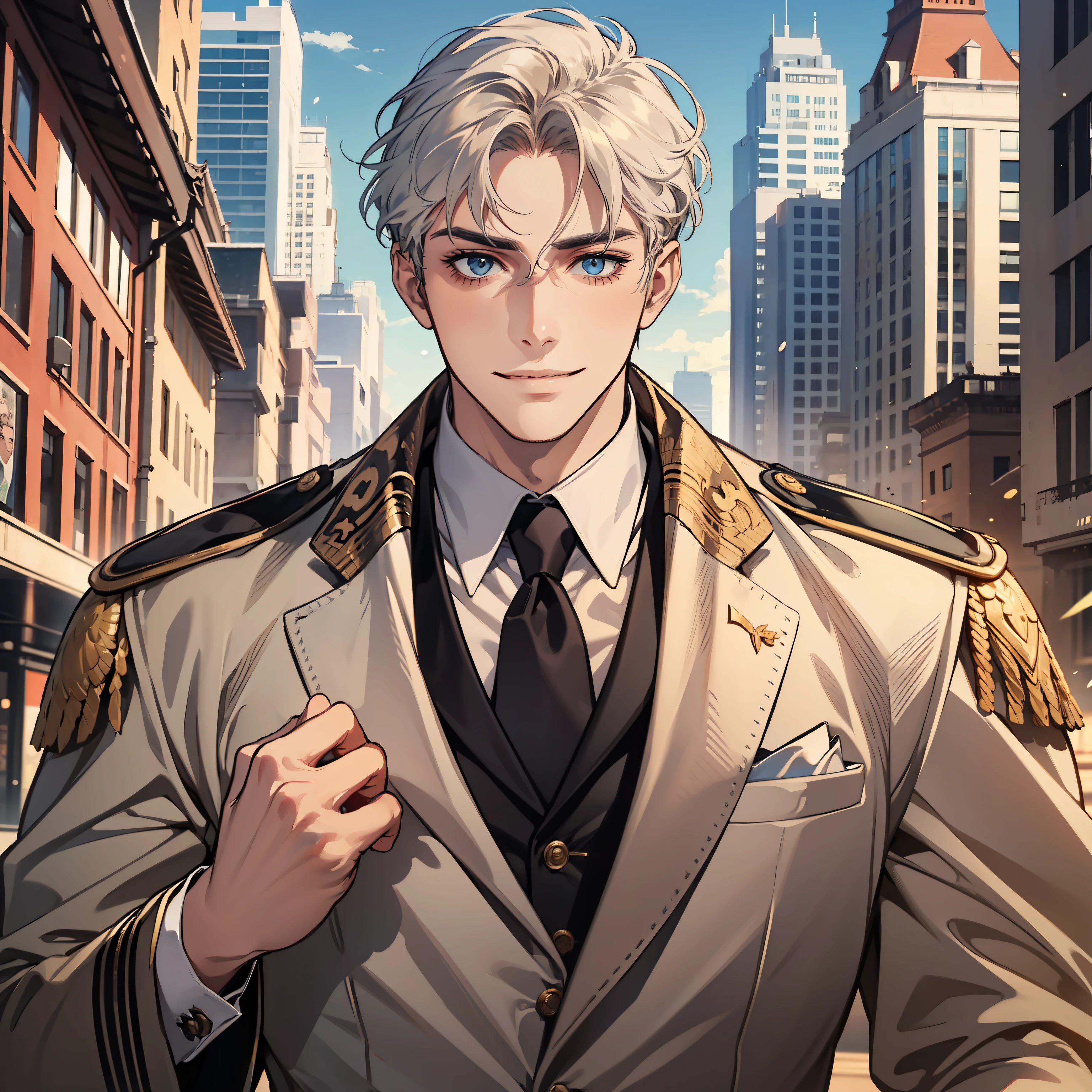 The reincarnation of Constantine the Great, tall, calm, independent young man, neat appearance, bright and sharp eyes, thick neck, broad shoulders, robust body, strong spirit, gentle, sincere and kind, gentle but ruthless and resolute when necessary. smiling, smiling mouth, calm, dressed in formal suit, dawn, dazzling sunrise, refreshing, skyscraper background, urban and sophisticated, family of politicians, future head of state,