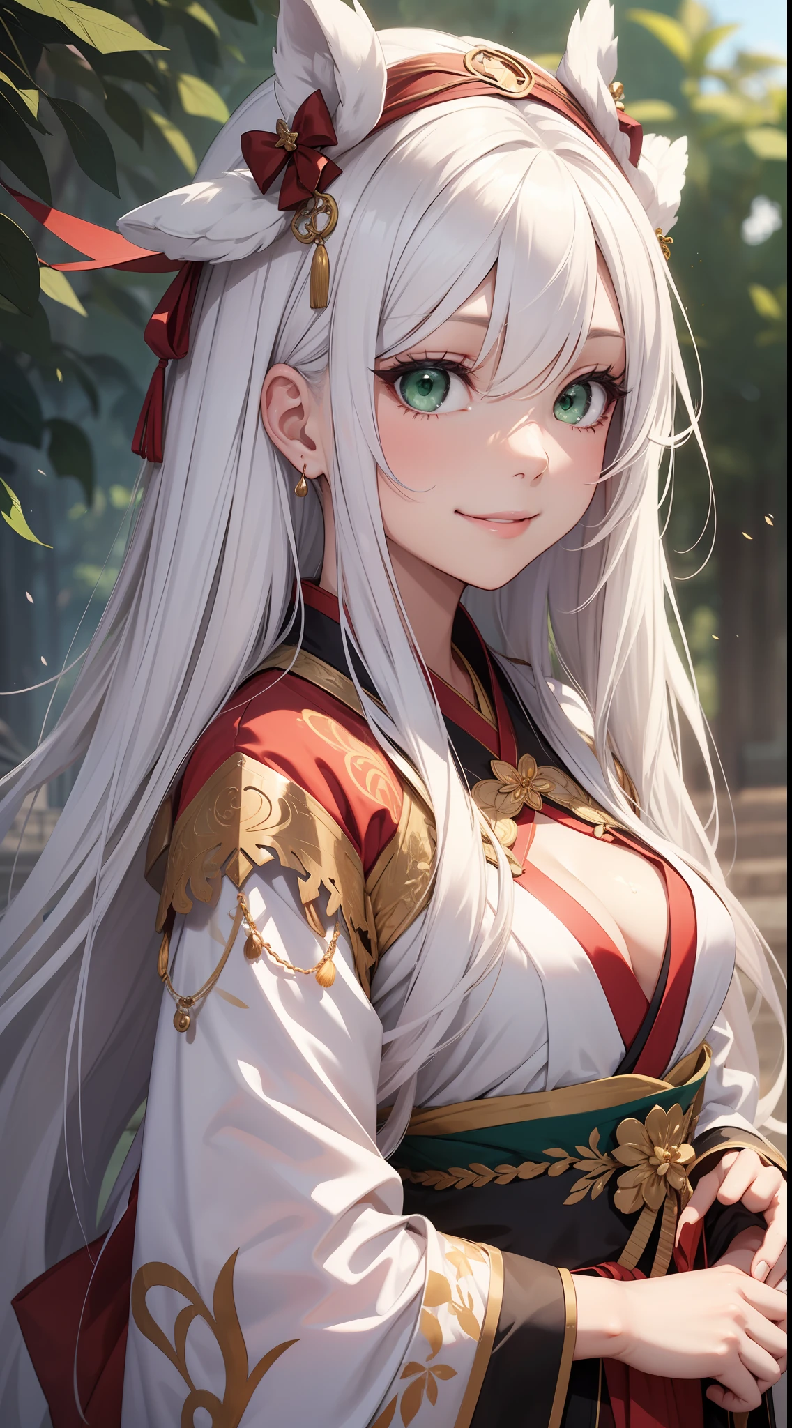 Adult girl, long white hair, green eyes, hanfu, open chest, smile, masterpiece, high quality
