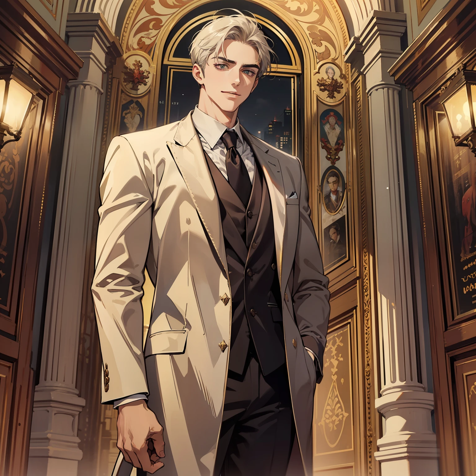 The reincarnation of Constantine the Great, tall, calm, independent young man, neat appearance, bright and sharp eyes, thick neck, broad shoulders, robust body, strong spirit, gentle, sincere and kind, gentle but ruthless and resolute when necessary. Dangerous smile, calm, wearing formal suit, background of Istanbul night view, urban and sophisticated mannerism,