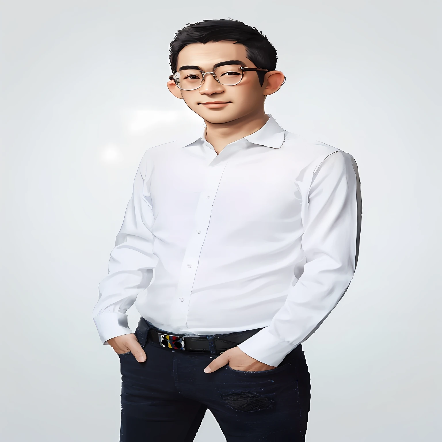 Asian male, big head cartoon image, wearing glasses, ((best quality)), 2D, cute, flat illustration