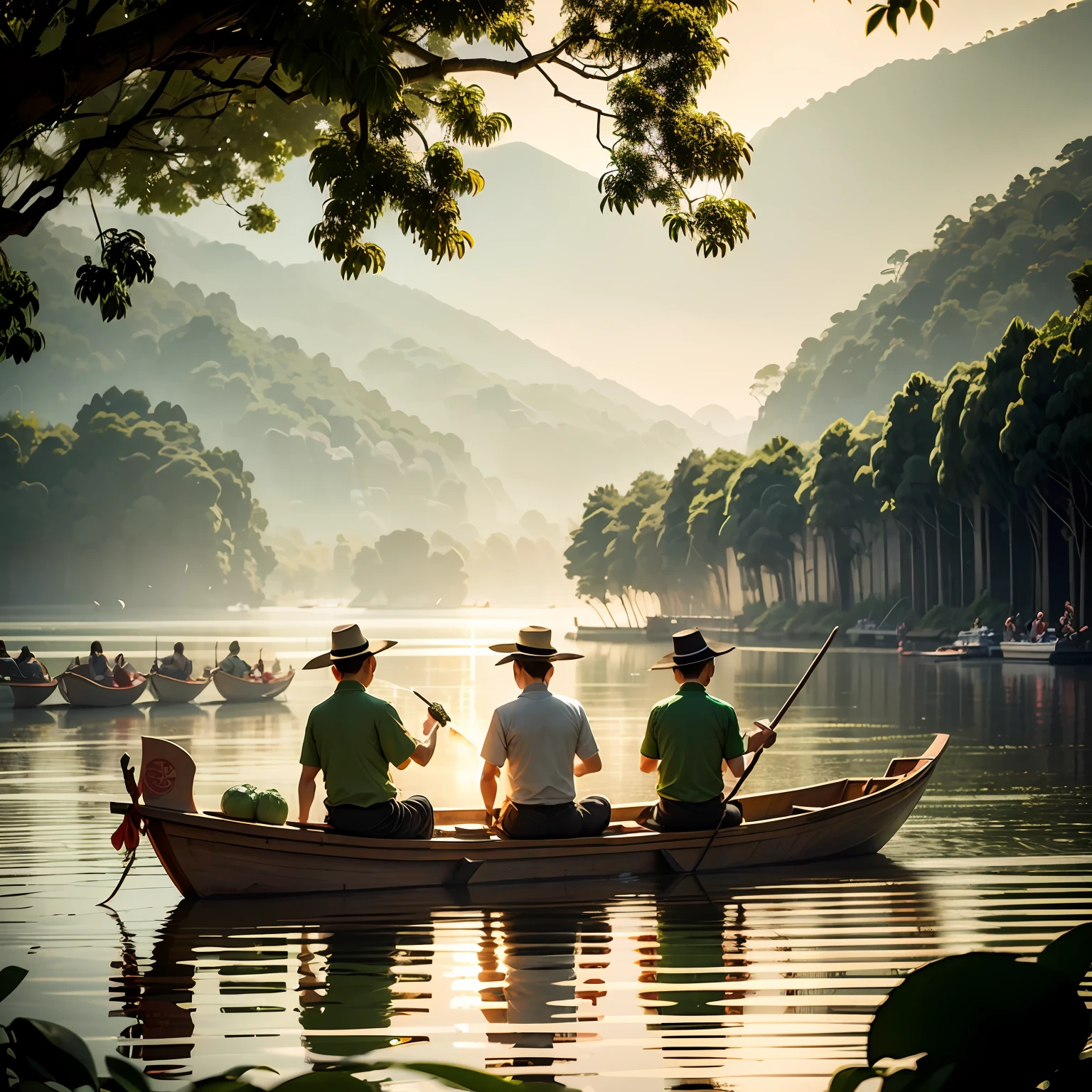 Dragon boat race, silhouette boat with bamboo leaves, green color, rice dumplings, happy dragon boat festival, chinese style --auto