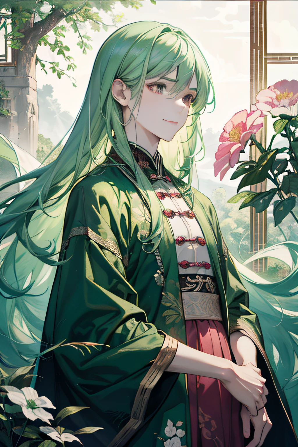(absurd, high resolution, super detailed), 1 male, adult, full body, handsome, detailed face, complex pattern, light green long hair, straight hair, calm smile, ancient Chinese, delicate skirt, gardenia, lake green, light pink
