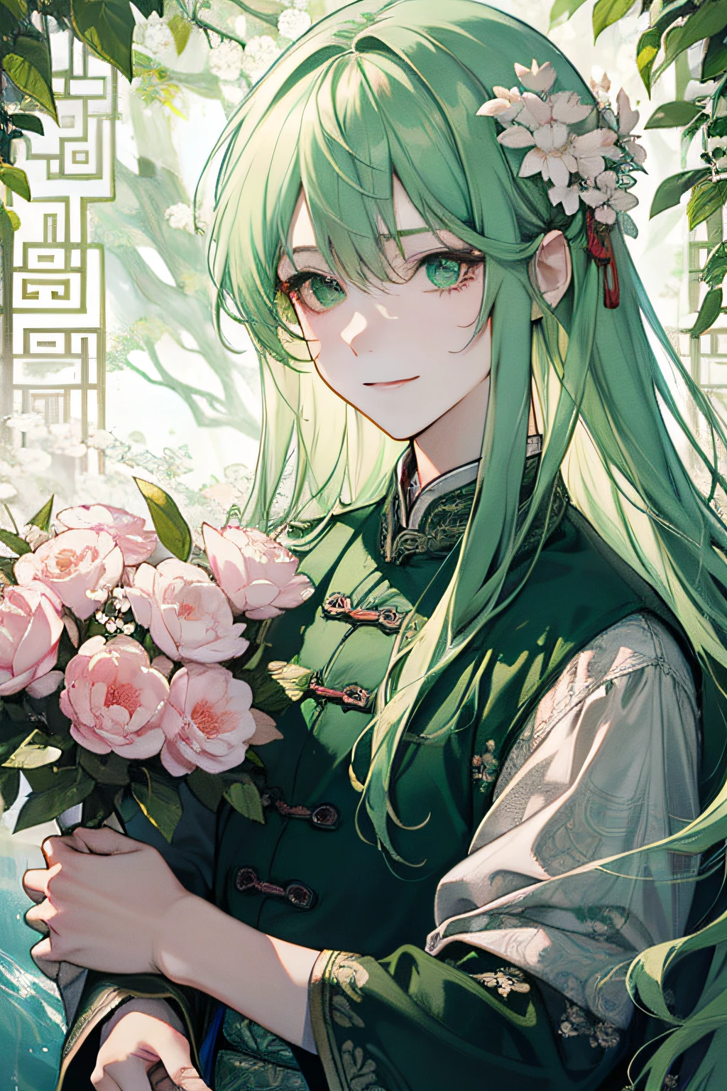 (absurd, high resolution, super detailed), 1 male, adult, full body, handsome, detailed face, complex pattern, light green long hair, straight hair, calm smile, ancient Chinese, delicate skirt, gardenia, lake green, light pink