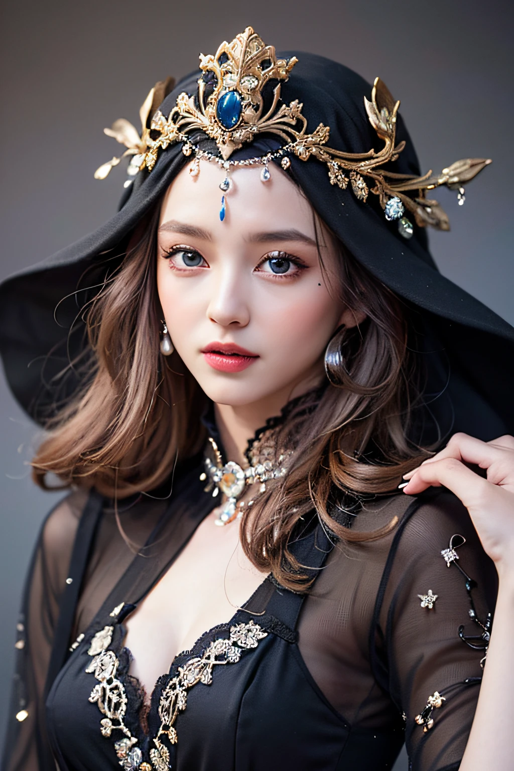 (Masterpiece, Best Quality, Realistic: 1.37), (Intricate and delicate, highly detailed skin and face), Beautiful Queen in black dress set, wrapped in luxurious dark hooded robe, dark rose and skull adorning her cloth, (tiara, rose, skull decoration, black, dark color), blue eyes, dark background, film soft lighting, thin trousers, full body shot