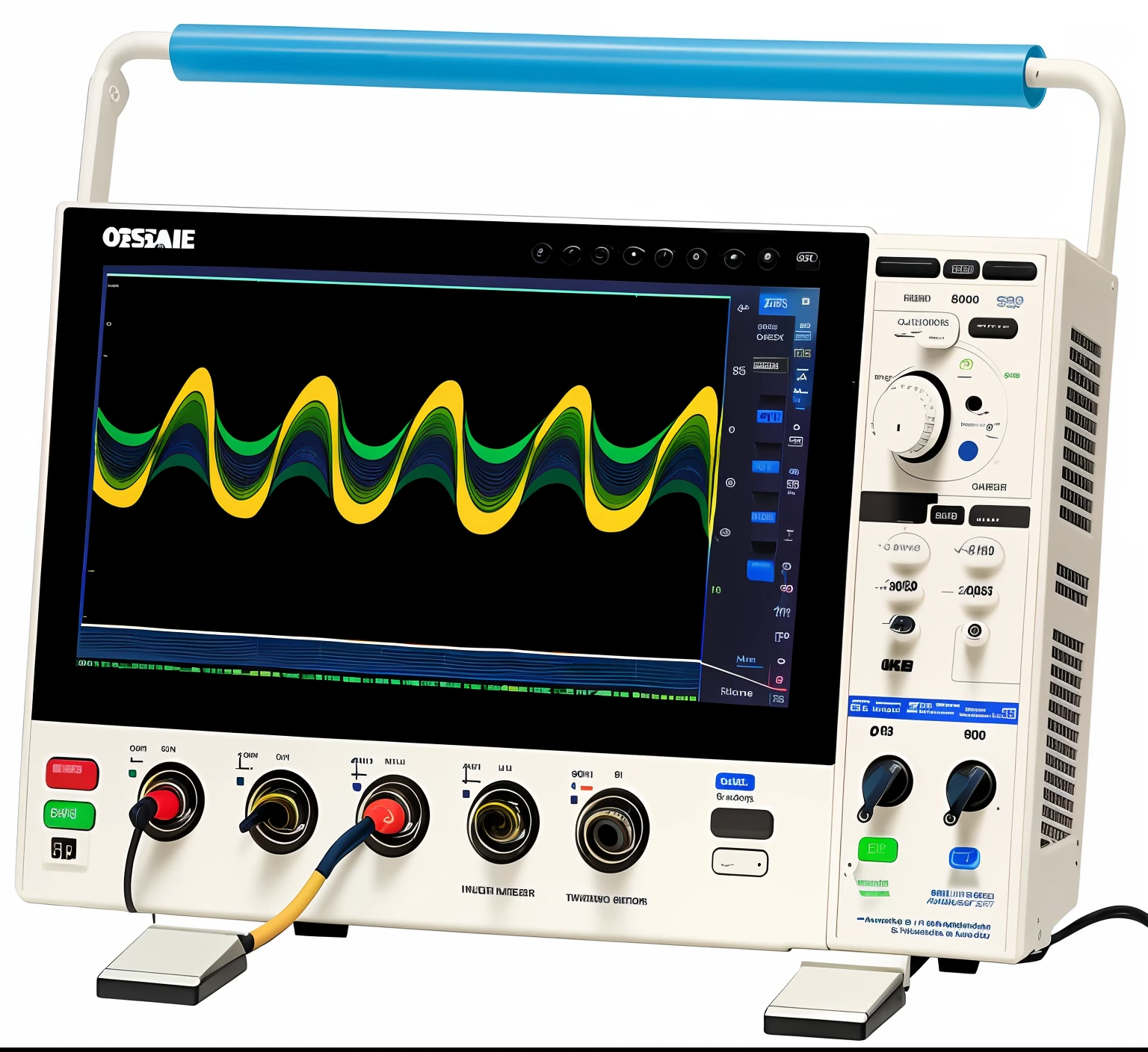 a close up of a computer with multiple different colored waves, oscilloscope, dynamic, 5 - channel, 8 k 1 5 0 mpx, 40nm, packshot, catalog photo, product introduction photo, twisty, leaked image, waveforms on top of square chart, 8k sdr, wave function, vibrant and dynamic, full device