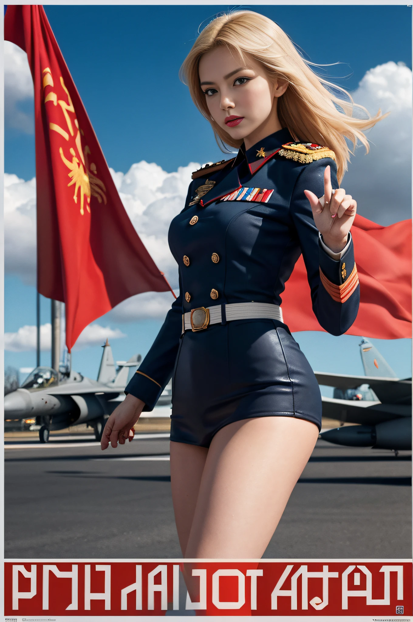 CCCP poster, soviet poster, USSR Flag in background, USSR Poster, Soviet Union poster, October Revolution, ((CCCP Poster, Soviet Poster)) (blond 1 mature girl holding up her hand in the air) propaganda Poster, poster, Soviet flag on pole, blue sky with fighter jet, uniform, 1girl, solo, good body, Poster design, poster art style. 1980s, 1950s, 1960s, basic colour scheme, Very colourful poster, colour art, thirds rule, inspiring, general, military officer, woman, 1 mature girl, hair blowing in the wind, hand high in the air, revolutionary, pointing with finger, red square backdrop, thick legs.