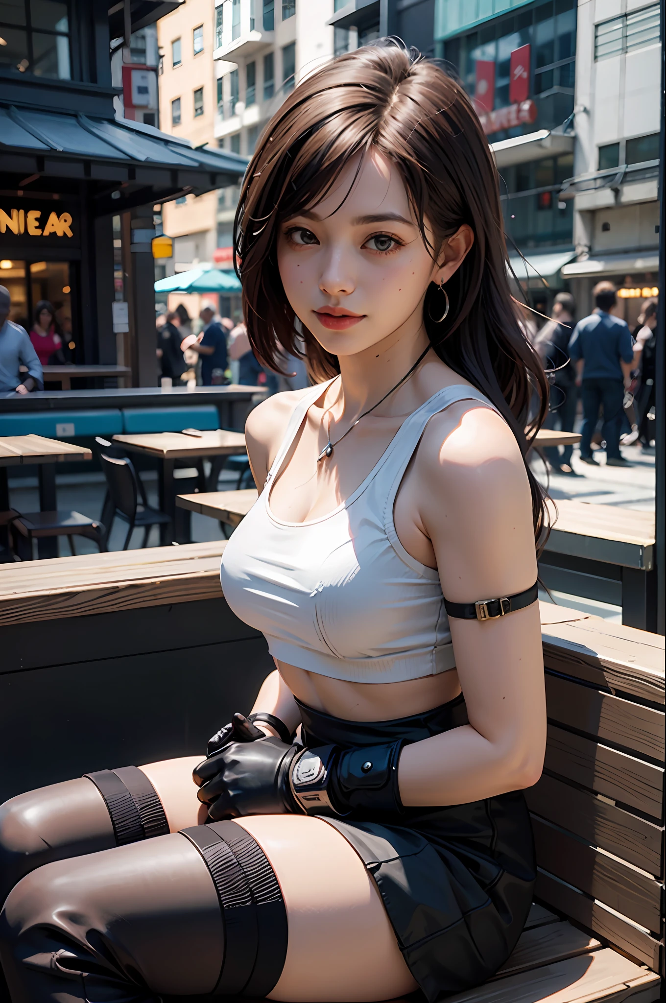 (8K, Top Quality, Masterpiece: 1.2), (Realistic, Photorealistic: 1.37), Ultra HD, Final Fantasy VII Remake's Tifa Lockhart sitting on a date in a highly detailed café in a cityscape A detailed portrait with beautiful detailed eyes and a blushing nose that makes you look cute and solo. She wears single elbow pads, ankle boots, a black skirt, black thigh-highs, red boots, and elbow gloves, elbow pads, and fingerless gloves. Her outfit includes a sports bra, suspender skirt, thigh highs, and a white tank top. The full body is visible with the head resting on the hand, revealing a pretty face, long hair tied low, and lips. The scene is lit with professional lighting, photon mapping and radiosity, creating a cyberfuturistic atmosphere in the style of Tetsuya Nomura. The background features yellow flowers and a bokeh effect. Tifa smiled a little and closed her mouth.