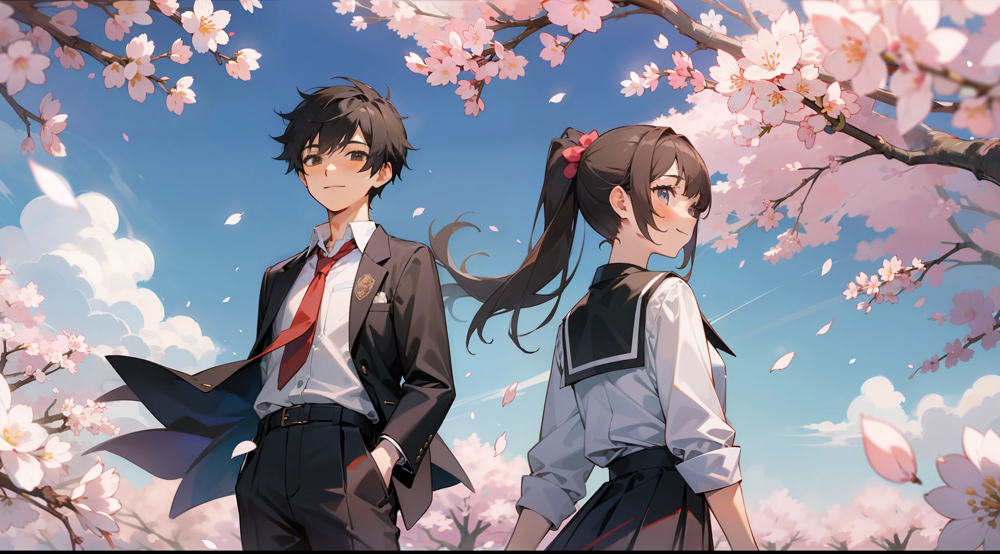 Upper body, vista, one boy and one girl, back-to-back, student uniform, smile, cherry blossoms, petals, sky, campus