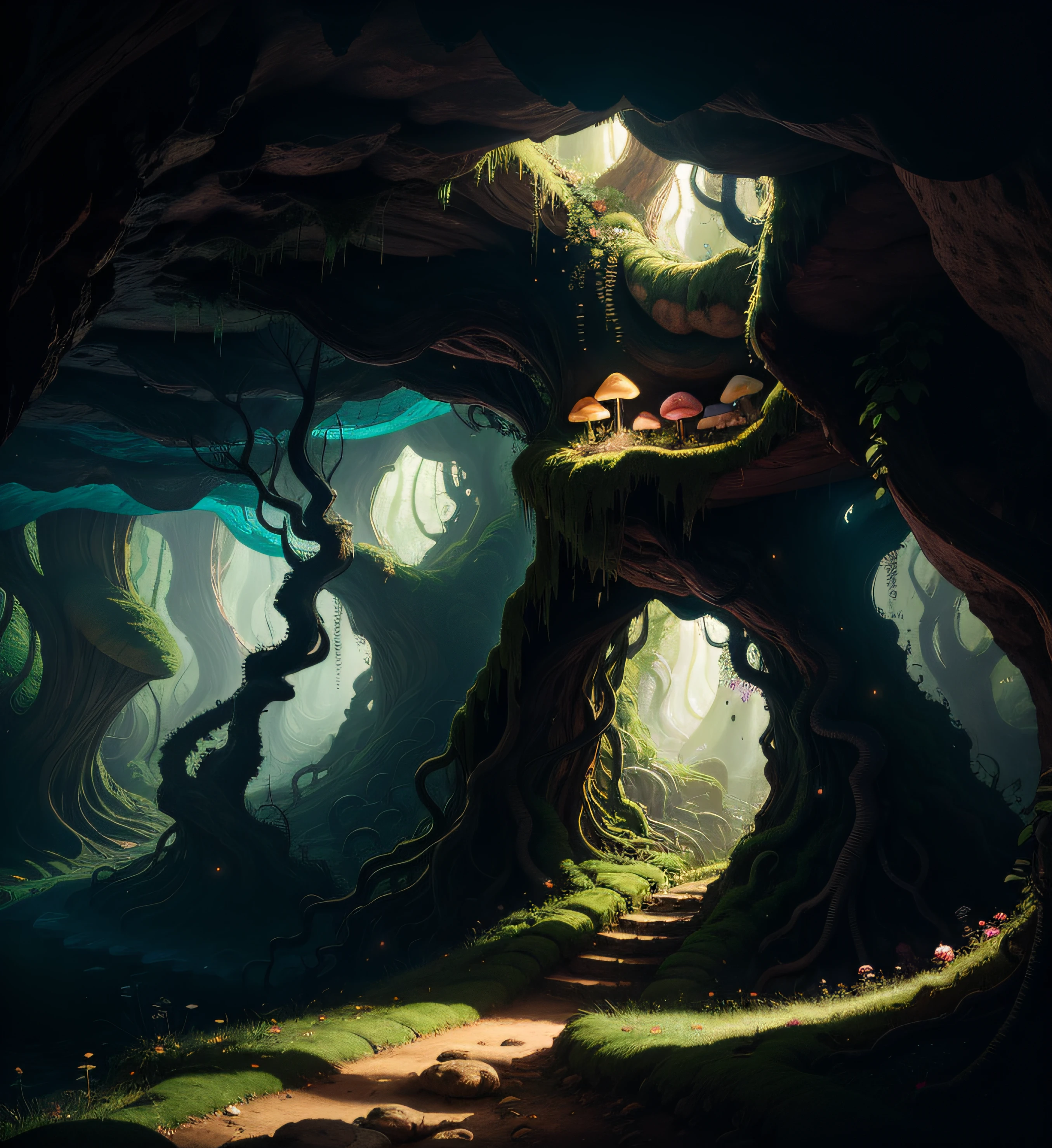 A surreal landscape with giant mushrooms and intricate architecture, bathed in a soft and ethereal light that highlights every intricate detail and adds a dreamlike quality to the scene, There is a cave in the midst of the giant vines that can be explored, with more vines to be discovered.The image is bright with a daytime color palette.