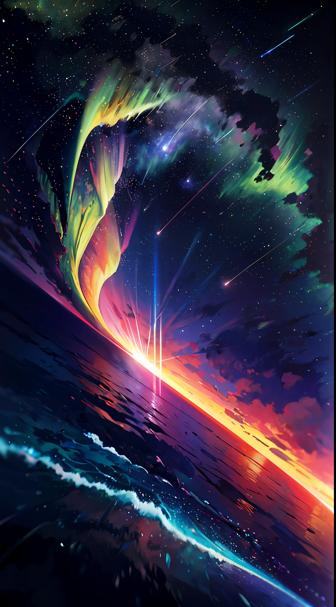 (zoom:1.1), (meteor shower:1.2), (comet:1.1), low angle, arora borealis, shooting star, top quality, masterpiece, clouds, colorful, southeast Asian beach, summer, seascape, small islands