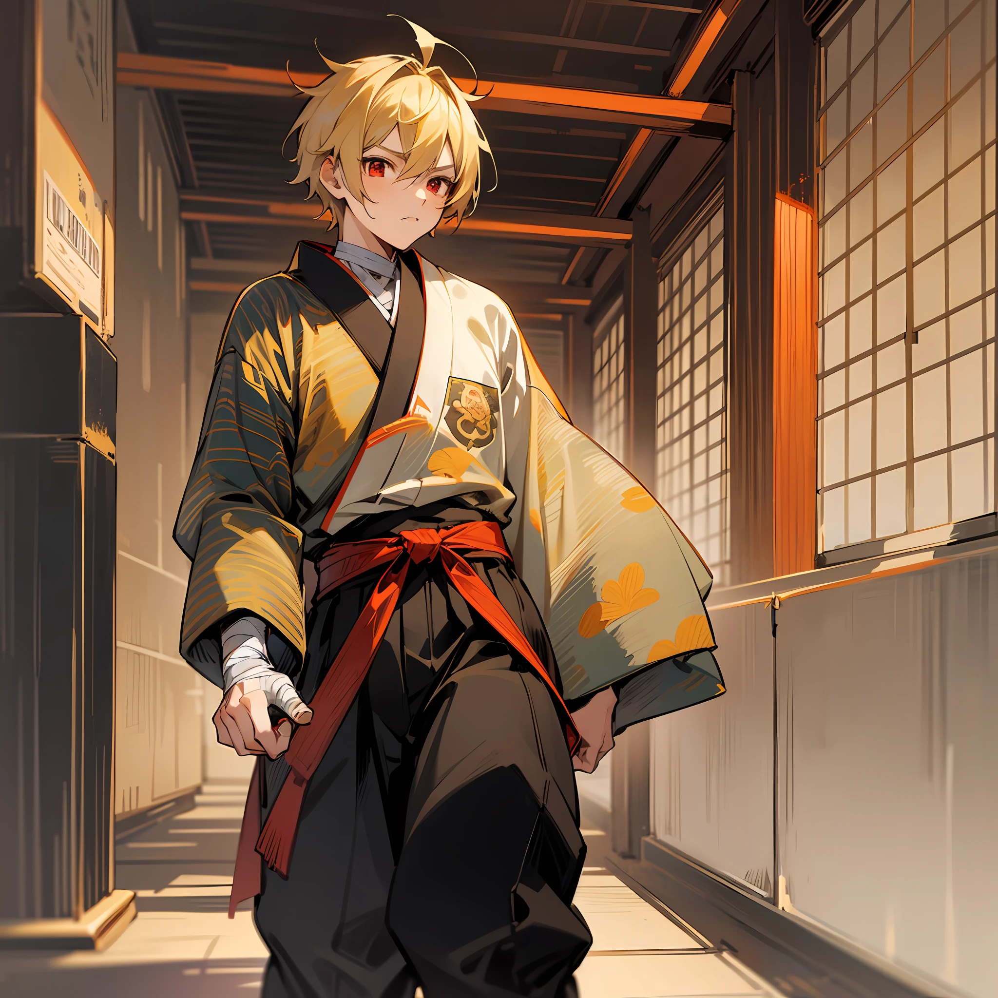 A boy, young, a samurai with short blond hair, golden hair, crimson red eyes, a yellow and red yukata, wide black fighting pants, bandages, a katana, anime, 2d, manga, Japanese--Counterfeit-V3.0 --auto