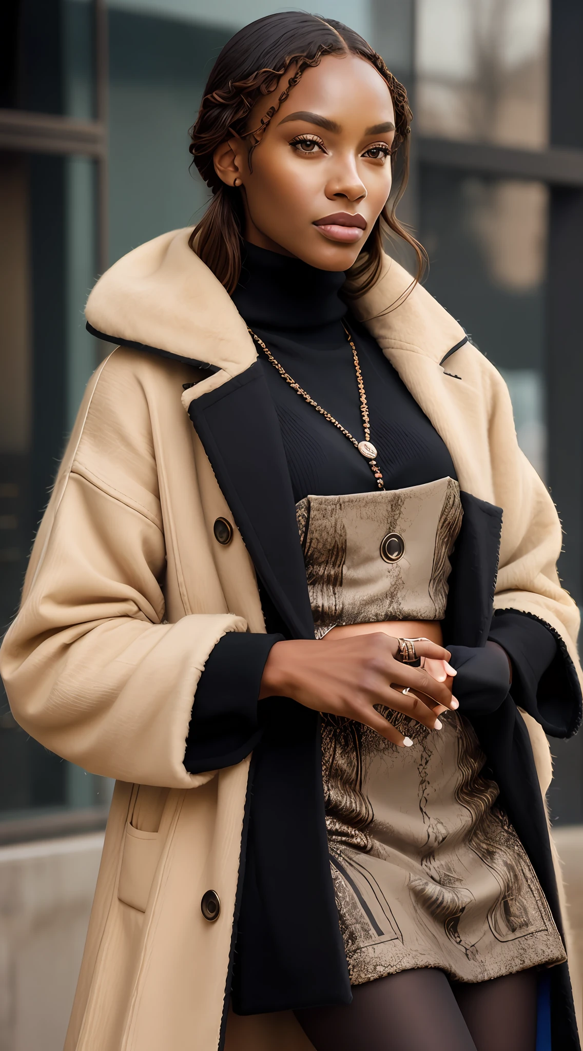 arafed woman in a coat and dress standing outside, wearing a turtleneck and jacket, layers, detailed style, layered texture, layered detailed, jacket over bare torso, wearing a long beige trench coat, high details on clothes, woman is in a trenchcoat, wearing jacket and skirt, layers on layers on layers, high fashion classy