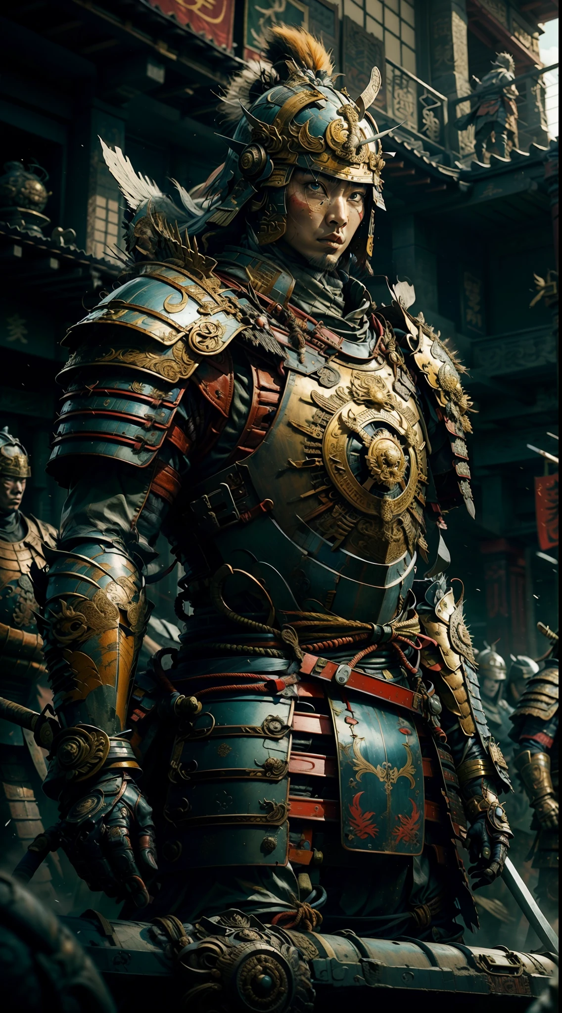 Skilled and agile samurai, whose armor is adorned with serpent details carved in green jade, armor is elegant and flexible, allowing her to move with grace and precision, Elmo possesses a carved serpent that appears to be moving, while her eyes convey cunning and wit, (Japanese armor samurai: 1.5), broken glass, (masterpiece, side lighting, finely detailed beautiful eyes: 1.2), HDR, (masterpiece), (extremely intricate)