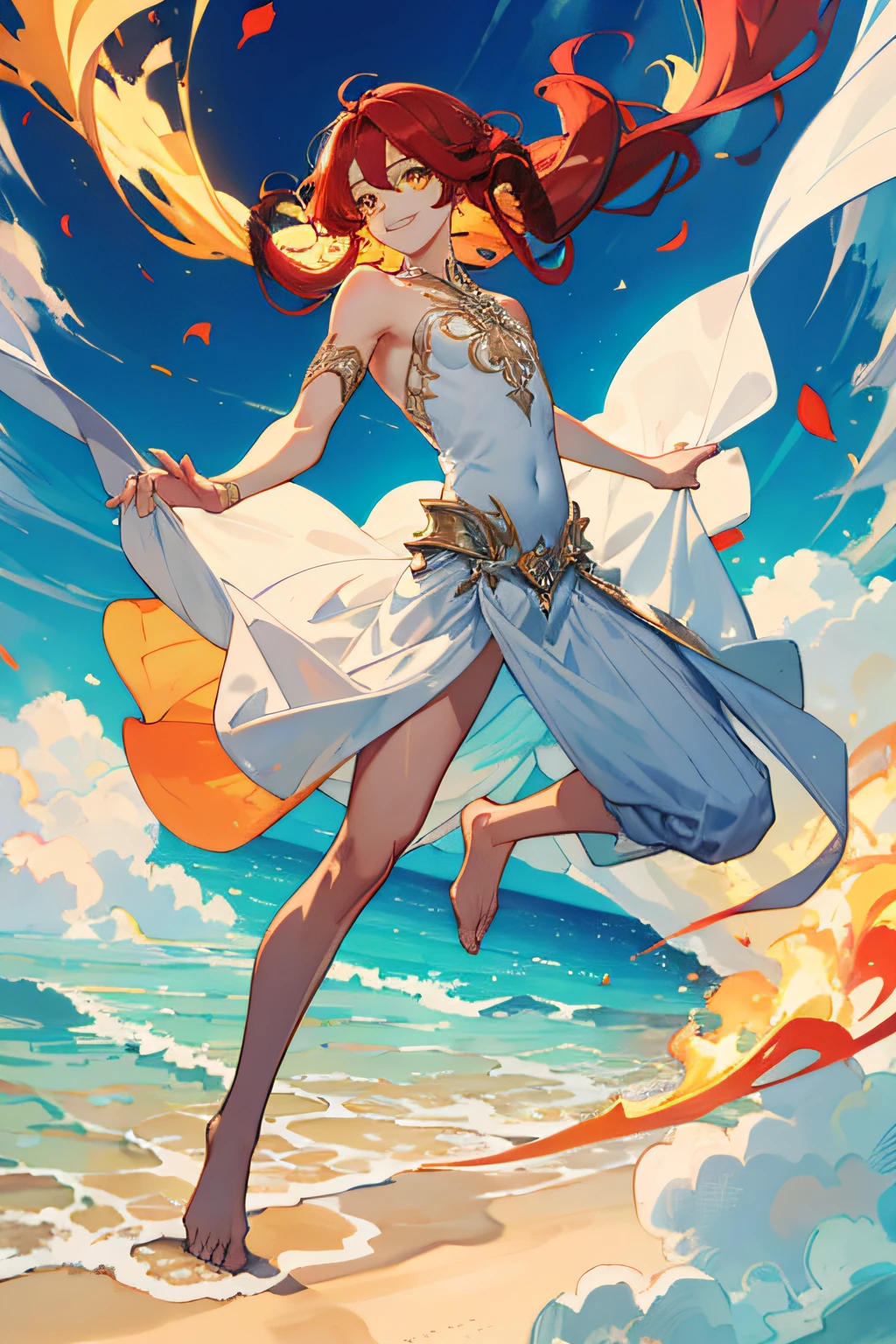 Masterpiece, best quality, 1 male, teenager, delicate eyes, intricate details, rich movements, gorgeous princess dress, long curly red hair, yellow eyes, smile, gentle smile, sunshine, rose, flame, sky blue, full body, best light and shadow, naked, bare shoulders
