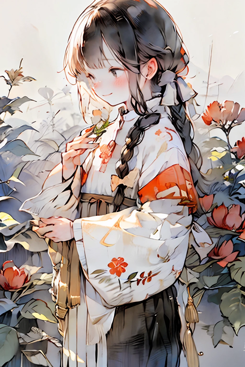 1girl, solo, braid, jewelry, blush, earrings, flowers, bangs, print, look at the audience, smile, long hair, long sleeves, floral background, ((children's clothing)), black and white contrast, bloomers, chiffon, flowing, flying sleeves, rococo