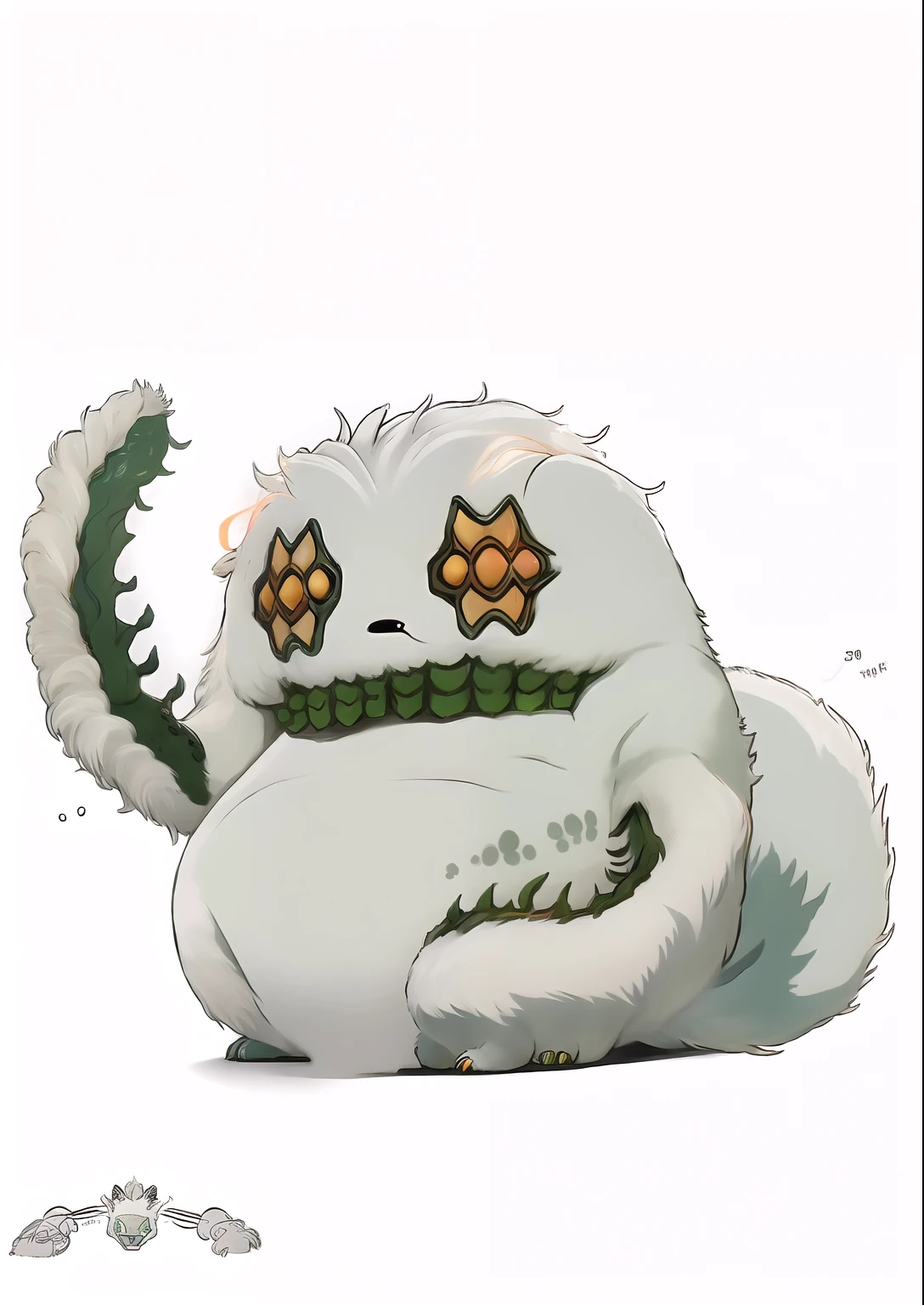 There is a monster with green eyes and green nose, furry monster, furry ghost, furry green belly, humanoid thistle monster, gugimon, flowing, glowing creature, which is a monster in Baymax style, furry, glowing guy creatures, furry bodies, monster character design, portrait of fierce monsters, cold monsters, masterpiece picture quality, 8K resolution, best quality, dynamic shots