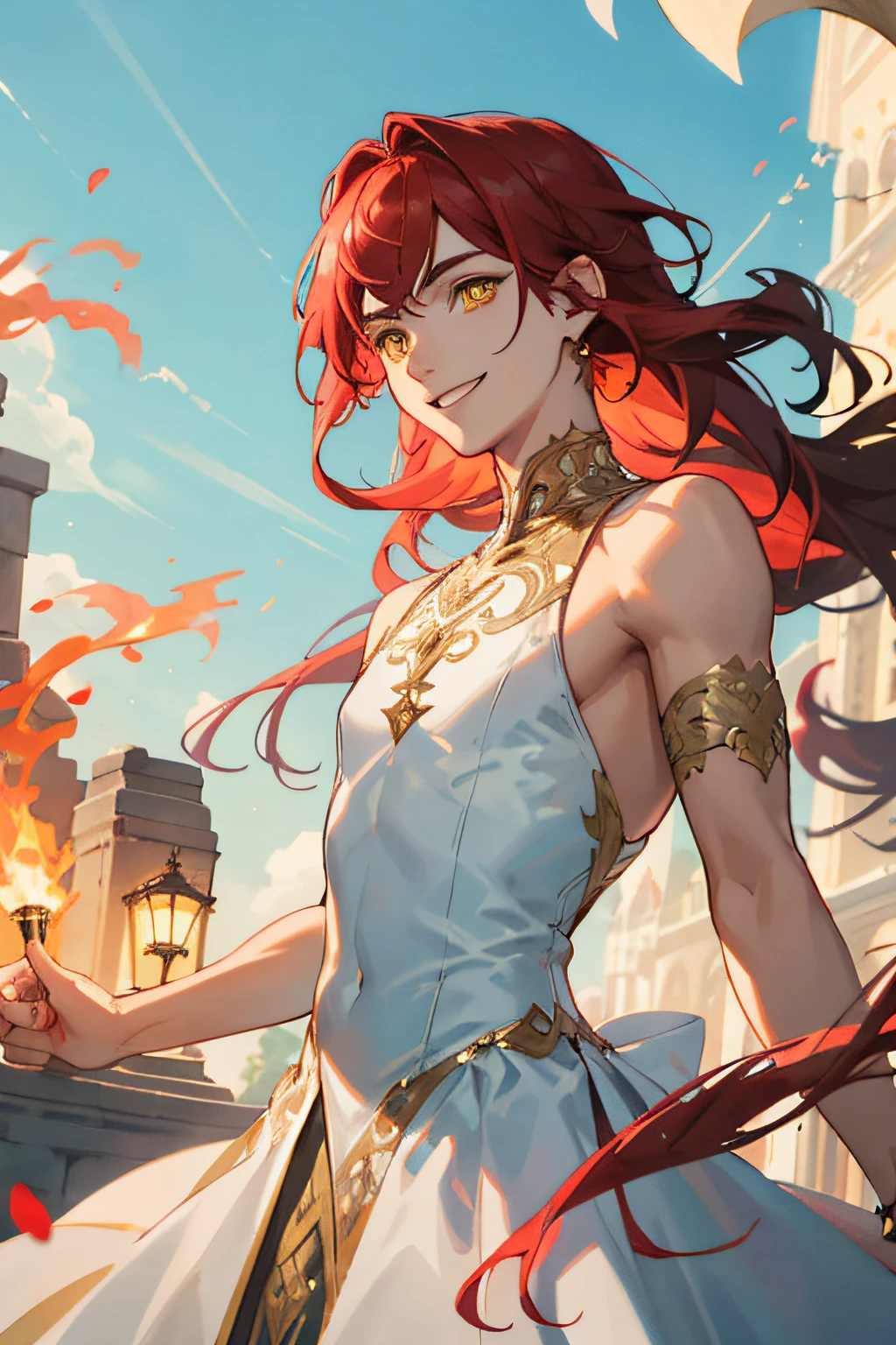Masterpiece, best quality, 1 male, teenager, delicate eyes, intricate details, rich movements, gorgeous princess dress, long curly red hair, yellow eyes, smile, gentle smile, sunshine, rose, flame, sky blue, best light and shadow, nudity, bare shoulders