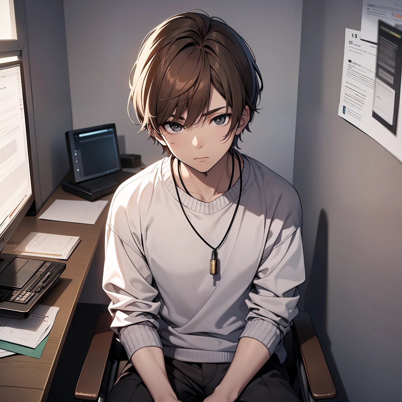  boy, blue sweater, wide white shirt underneath, light brown hair, black eyes, sitting at a desk in a gray room, interrogation room, looking at the viewer, 4K detailed eyes, good anatomy, masterpiece