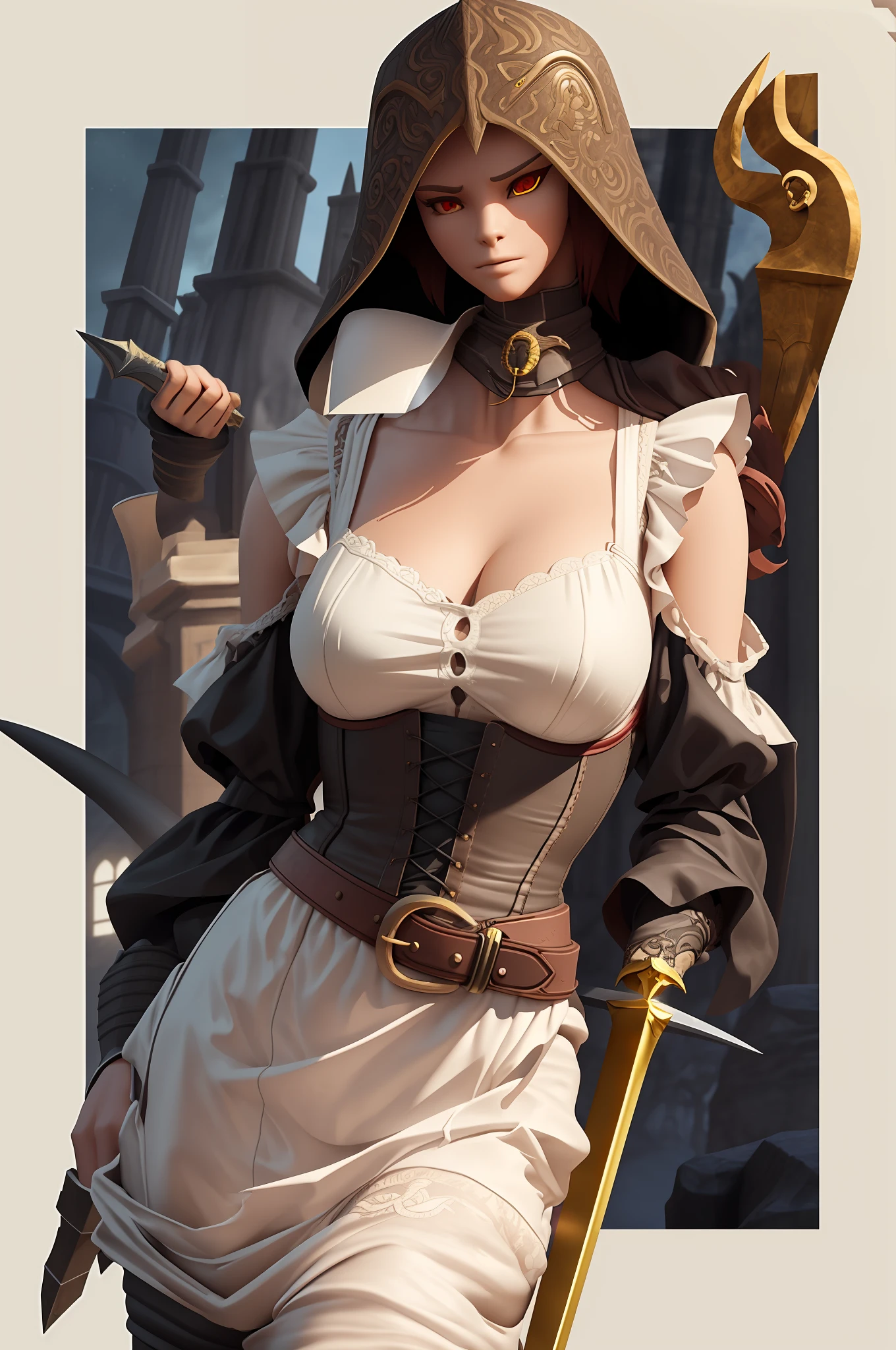Dragon-girl with exposed bones, wearing a full plate armor of bronze armor, wielding a massive sword | Concept art of Rings of Mandalorian gold, gothic, dark fantasy | 8k octane beautifully detailed render, post-processing, extremely hyperdetailed, intricate, epic composition, grim yet sparkling atmosphere, cinematic lighting + masterpiece,
