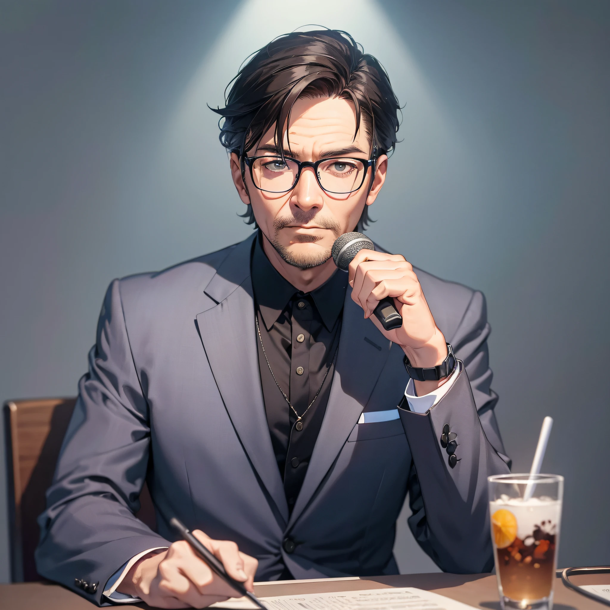 Absurd resolution, high resolution, (master masterpiece: 1.4), hyper-detail, talk show commentator, middle-aged male professor in suit, wearing glasses, sitting, holding a microphone, serious expression