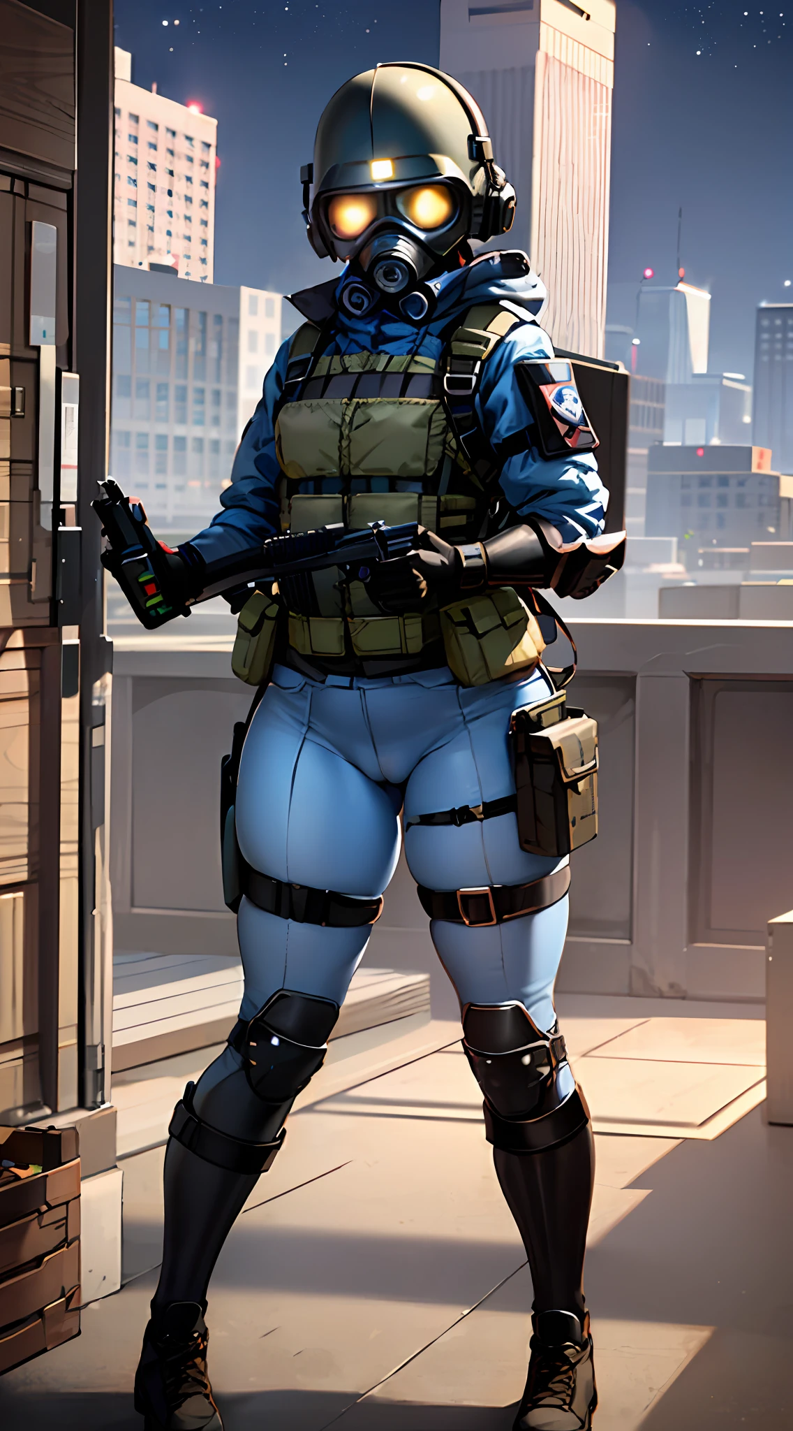 solo, 1girl, tomboy, boyish girl, gas mask, girl wearing gas mask, bullet proof vest, body armor, combine soldier, bodysuit, two tone body suit, shoulder armor, helmet, combat boots, blue urban camo, blue camo, cameltoe, science fiction, petite, wide hips, thicc, toned legs, developed thighs, curvy, armband, leg armor, military, sexy tight clothes, glowing eyes, small breasts, flat chest, ass, city, skyscraper, tower, military, wrench, jacket around waist, mechanic, mechanic girl, vehicle, apc, truck, humvee, waist coat, abs, athletic, sweat, night, stars, moon, (blue glowing eyes), flashlight, chest rig, holster, pistol holster, belt, submachine gun, metal crates, military crates, ammo box, laptop, laptop on table, grenade belt, backpack, radio on shoulder, headset, hoodie down, city night, vest collar, toolbelt, screwdriver, hammer, tablet, holding weapon, holding gun,