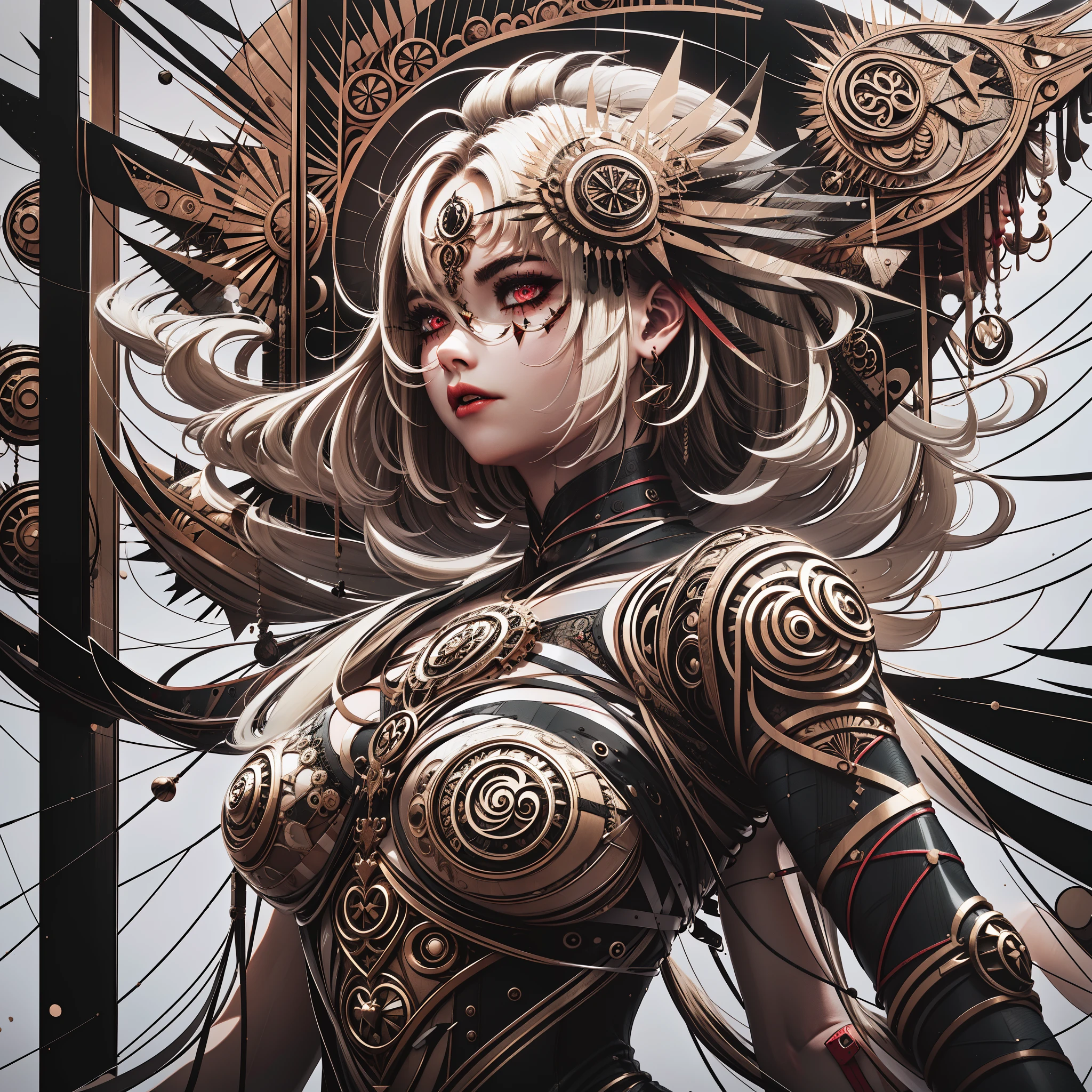 Intricate 3d rendering ultra-detailed beautiful angel of death, biomechanical robot, simulated 150mm lens, beautiful natural soft edge light, neon veins, roots, delicate leaf lace, colorful details, Boris Bidjan Saberi costume, pearl earrings, piercings, art nouveau fashion embroidery, intricate details, mesh lines, Mandelbrot fractals, facial muscles, cables, microchips, villains, surreal, ultra-detailed, octane, volumetric lighting, 8k and post-production, red The white has a little bit of black, Metal Skeleton Details, Half-Human, Iridescent, Glenn Brown Style, Futuristic Room, Power of God, High Angle Shot, Complex Body Poses
