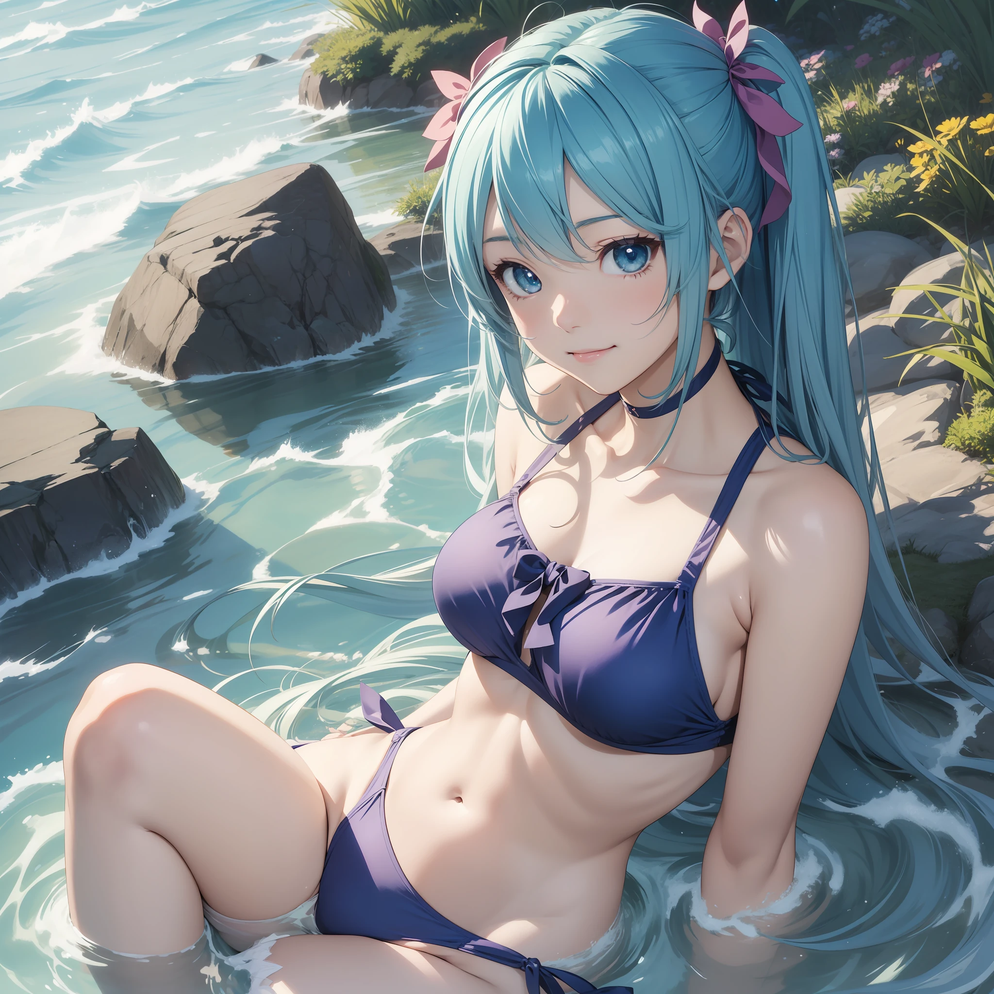 女の子 1 人、(solo)、pfotorealistic、super fine illustrations、beautiful alluring anime girl、Super Detailed、Smile、beautiful blue eyes、Beautiful proportions、hatsuneMiku、slender、gentle expressions、seductive anime girl、Non-shiny skin、transparent sexy bikini swimsuit、Strong sunlight、seaside,