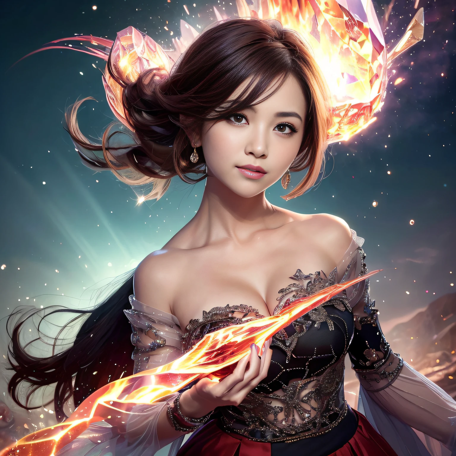 (MasterPiece, The Highest Quality, highestres, Official Art, Beautiful and aesthetically pleasing, Long exposure: 1.2), Smooth movement, charming pattern, 1人の女の子, (long skirt with sleeves:1.3), Cinderella Dresses, , Strapless, , Black leaf hair, portrait painting, Lace、solo、、、、 Staring at the observer, Detailed background, detailed Face, (Crystallized AI, Crystal Theme:1.1), Elemental Firesprite, Spinning Fire, Control Fire、Ruby clothing、Dynamic poses、particles floating、Ether dynamics、firey、steam,,,、Lava in the background、Red tones、volcanic、Invincible smile、ethereal atmosphere、(huge breasted:1.2),、,(beautiful Face:1.5)