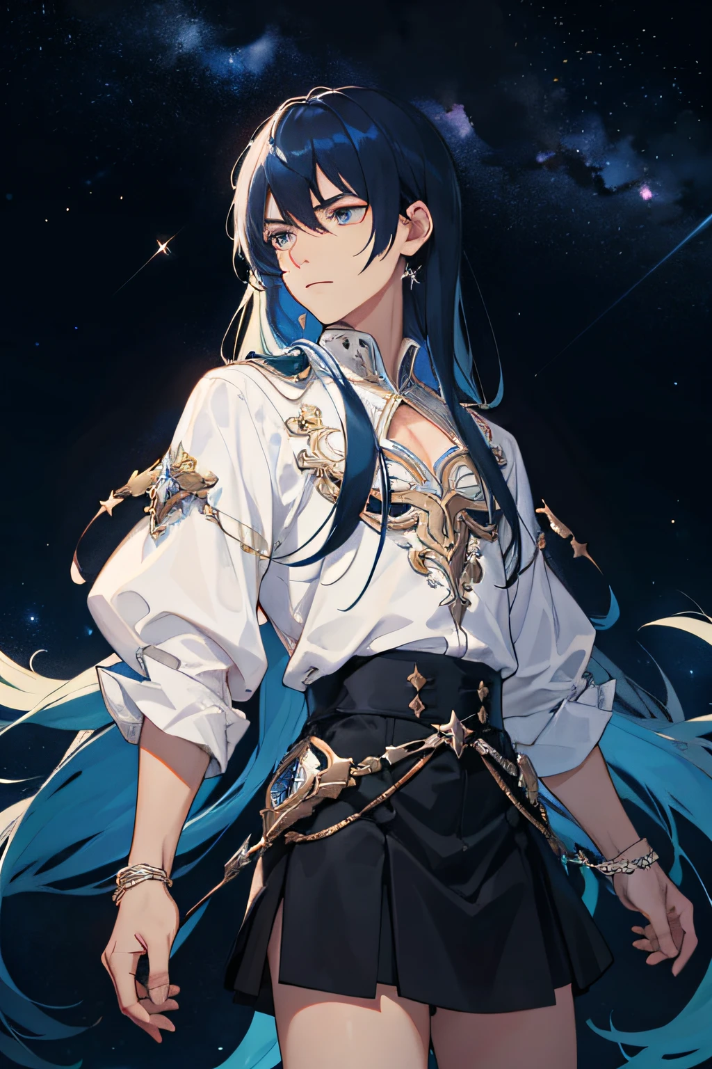 Masterpiece, best quality, 1 male, adult, long royal blue hair, straight hair, bangs, fair skin, indifferent expression, intricate details, white top, black skirt, delicate princess dress, dark night, starry sky, stars, blue, black background
