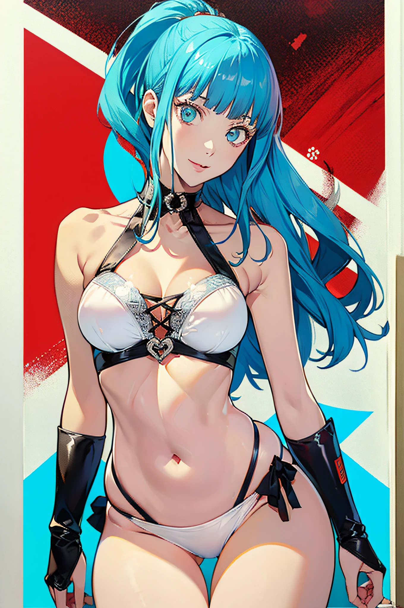Persona 5 Art Style, Persona 5 Style, Kasumi Yoshizawa, Girl in Swimsuit, Full Length Portrait, High Quality, Ponytail, Small Breasts, Bangs, Smooth Thighs, Patsun, Top Quality, Ultra High Definition, Fine Eyes, Slender Legs, Fine Beautiful Eyes, 8K, White Bikini, Protruding Buttocks, Blue Hair