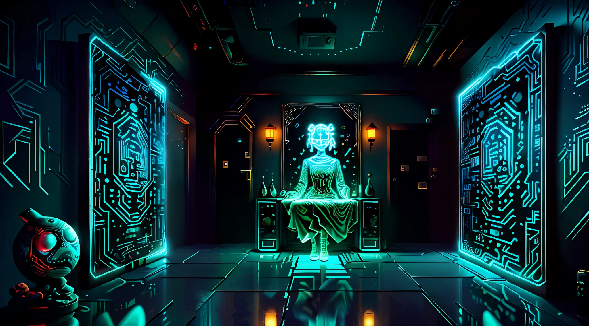 Square indoor space, secret room, immersive indoor horror theme, blood, escape room, holographic, projection, LED, maze, digital immersive indoor space, characters, decryption, exploration, detail, high precision, ground projection, lines, riddles, a girl, a boy, the ground has a maze pattern, the top is mirror, reflection, there is a sci-fi holographic avatar on the wall, haunted house, inception, distortion, spatial transformation, specular reflection, complex patterns, holographic transparent glass, Chinese character symbols, Taoism, yin and yang, transparent suspended horror face,