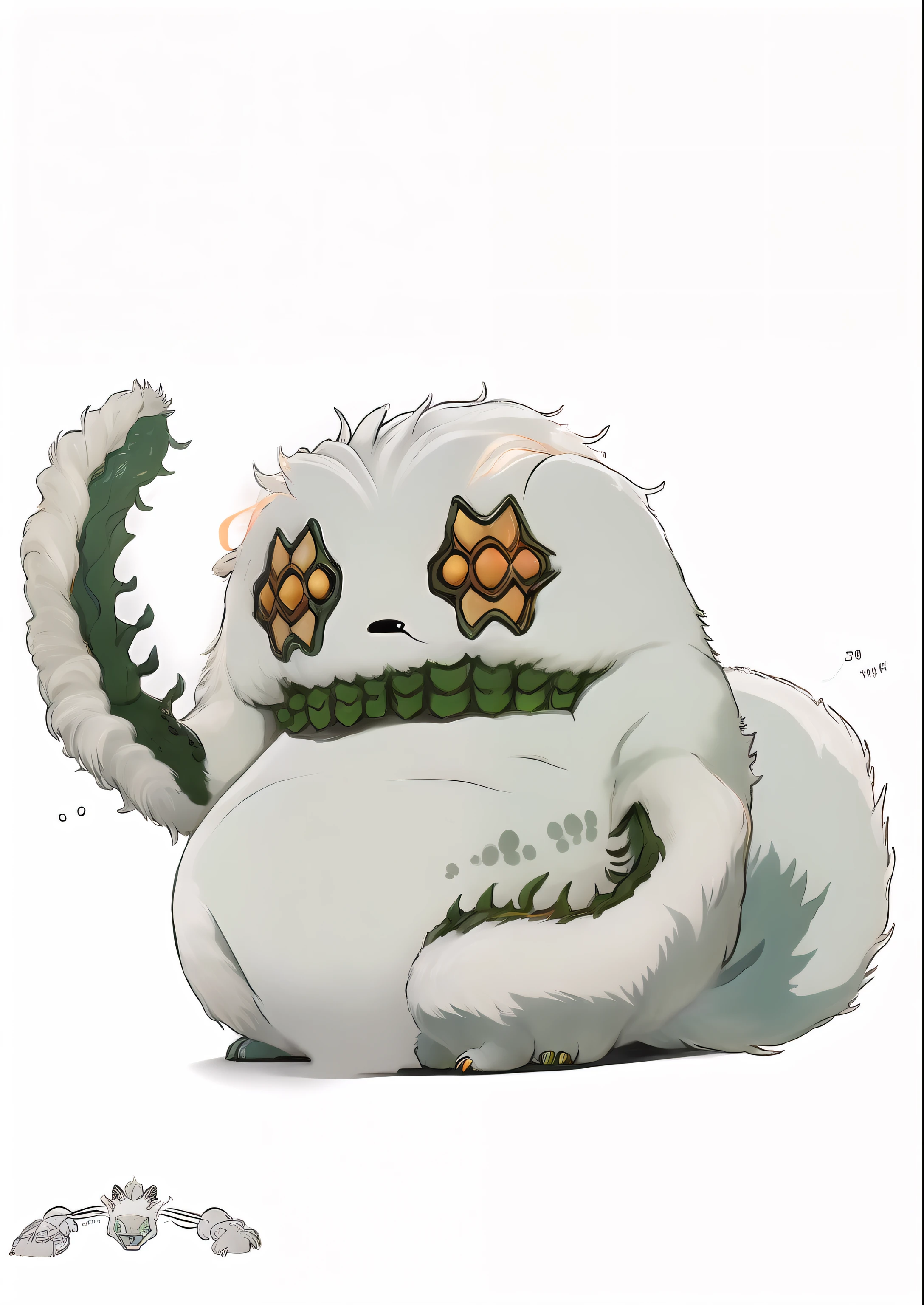 There is a monster with green eyes and green nose, furry monster, furry ghost, furry green belly, humanoid thistle monster, gugimon, flowing, glowing creature, which is a monster in Baymax style, furry, glowing guy creatures, furry bodies, monster character design, portrait of fierce monsters, cold monsters, masterpiece picture quality, 8K resolution, best quality, dynamic shots