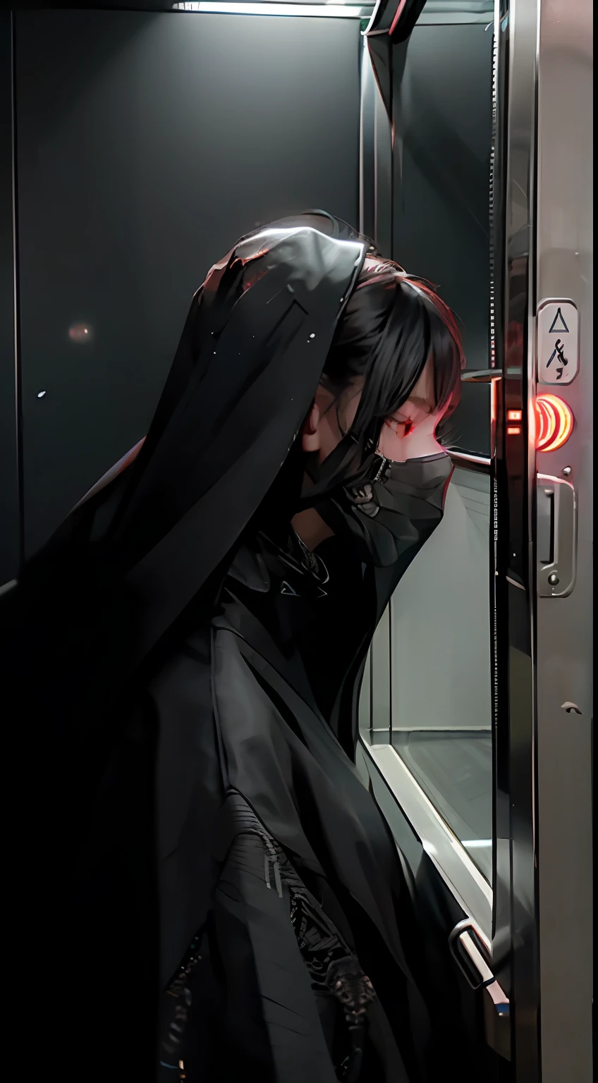 A girl in a black elevator is scared and crying with a dark figure behind her