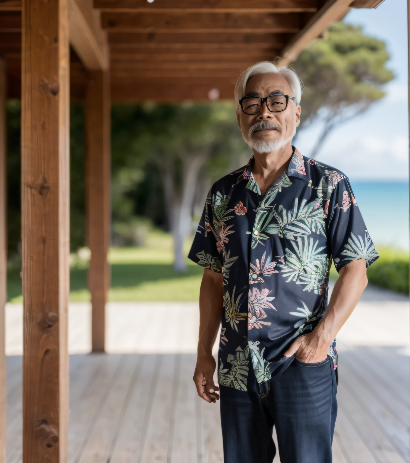 (A medium photo of  gongqijun,oldman),wearing(aloha shirt),standing on beach,sunlight,(masterpiece) (photorealistic:1.2) (bokeh) (best quality) (detailed skin) (intricate) (8k) (HDR) (cinematic lighting) (sharp focus)