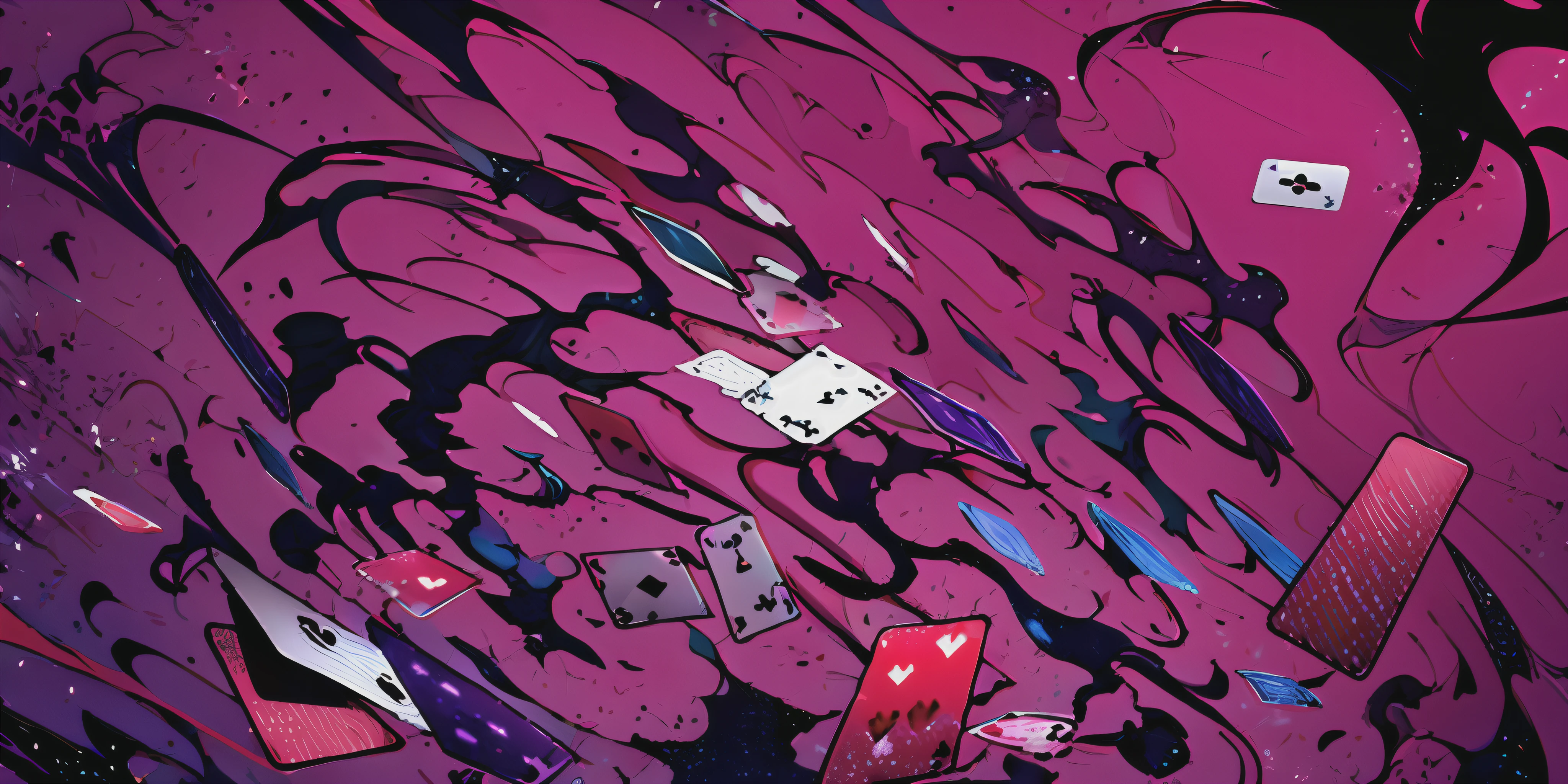 smoke, purple background, falling cards, joker (card), abstract, sketch,