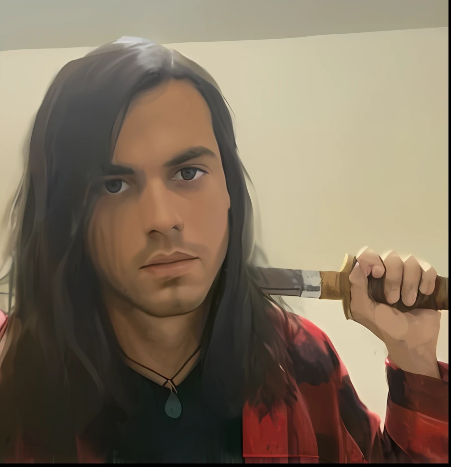 man holding a katanana in front of his face, profile picture on his head, with his long black hair, with long dark hair, with long hair, modelshoot style, (highly detailed CG unit 8k wallpapers), medieval painting, body portraits, masculinity, Ed Blinkey, Atey Ghailan, Studio Ghibli, Jeremy Mann, Greg Manchess, professional majestic paintings by Antonio Moro, ArtStation Trending, Trending on CGSociety, Complex, high detail, sharp focus, dramatic, realistic drawing art, Midjourney and Greg Rutkowski, middle-aged, male, dwarf