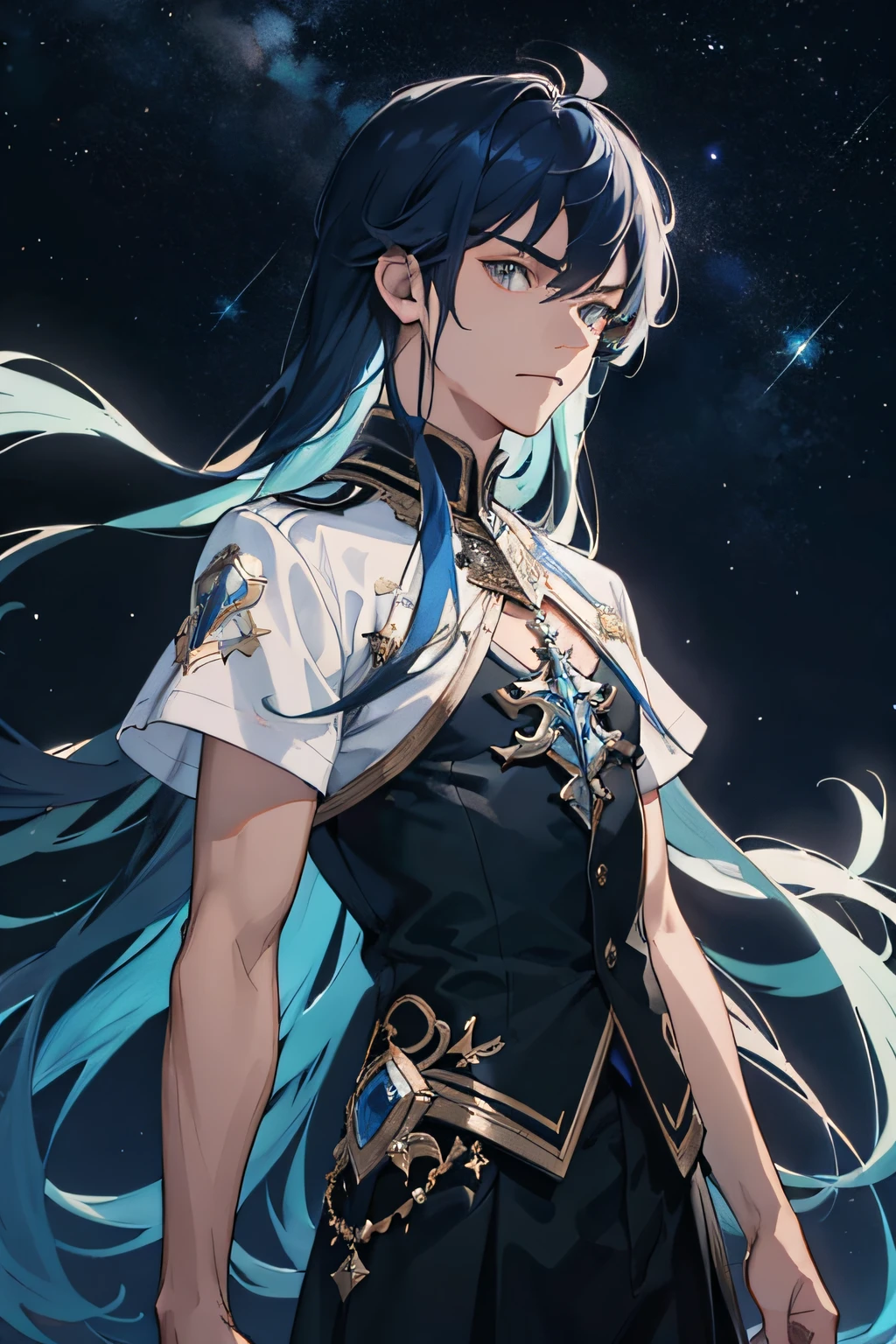 Masterpiece, best quality, 1 male, adult, long royal blue hair, straight hair, bangs, fair skin, indifferent expression, intricate details, white top, black skirt, delicate princess dress, dark night, starry sky, stars, blue, black background