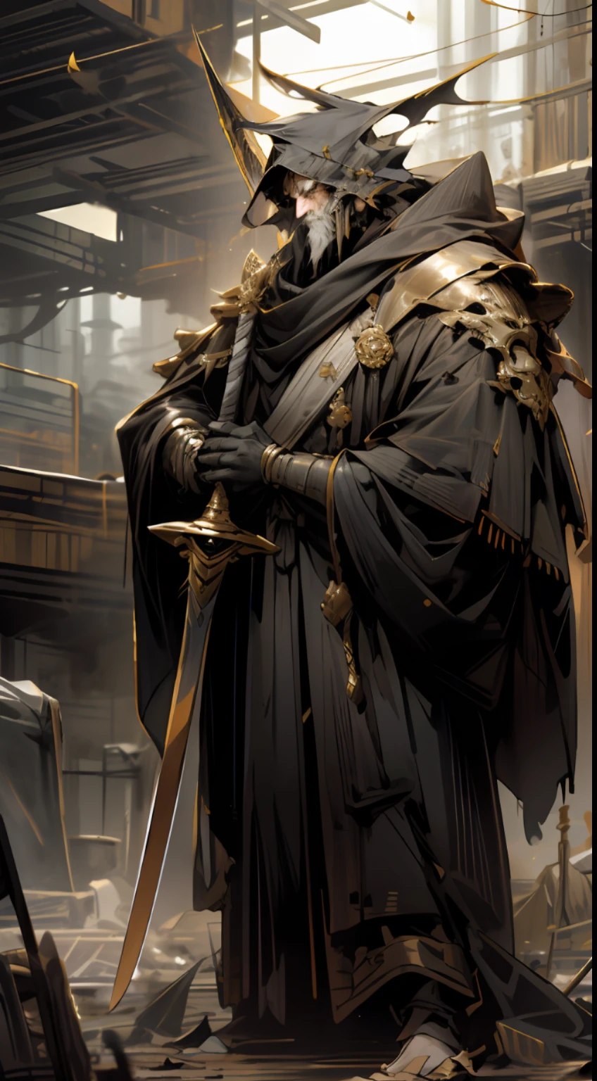 Extremely detailed cyberpunk apocalyptic scenes, vast and wide-angle war-ravaged grounds, brandishing a golden cane and carrying a long sword, stands a powerful male king. His robe shone with golden light and was full of royal momentum.