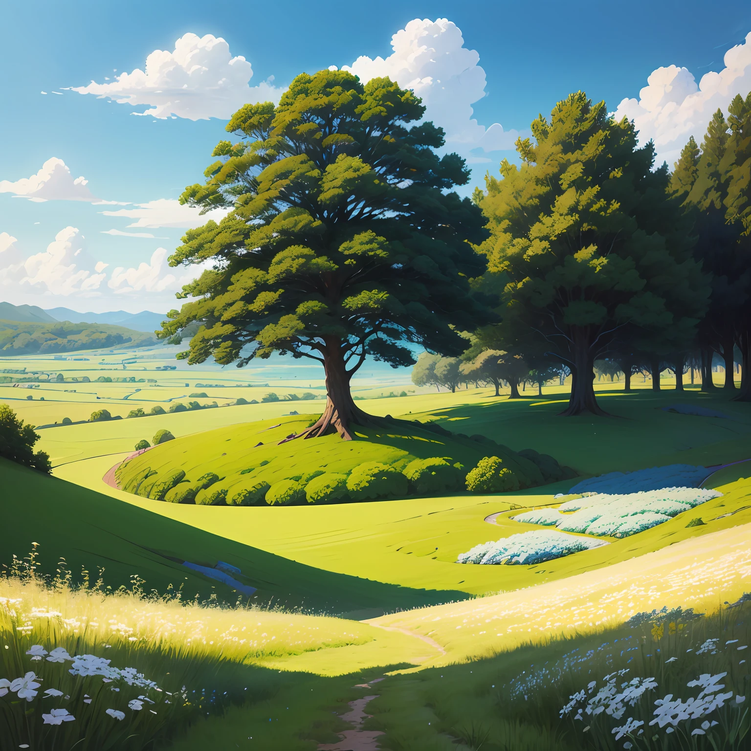 Realistic, authentic, beautiful and amazing landscape oil painting Studio Ghibli Hayao Miyazaki's petal grassland with blue sky and white clouds --auto --v6