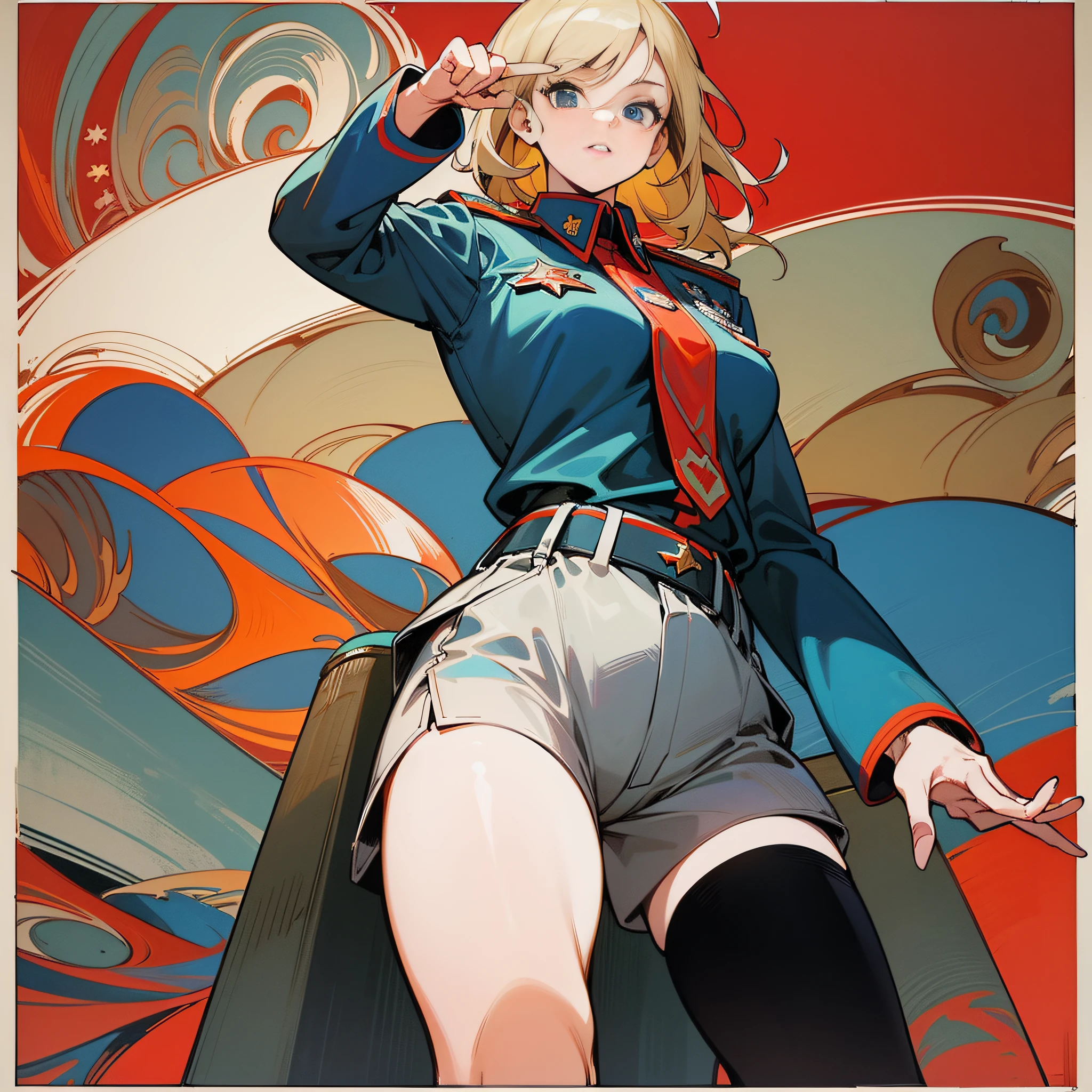 cccp poster, soviet poster, soviet flag in background, soviet poster, soviet poster, october revolution, ((cccp poster, soviet poster)) (blonde 1 mature girl raises her hand in the air) propaganda poster, poster, soviet flag on pole, blue sky with fighter, uniform, 1 GIRL, SOLO, GOOD BODY, POSTER DESIGN, POSTER ART STYLE. 1980s, 1950s, 1960s, basic color scheme, color art, rule of thirds, inspiring, general, officer, woman, 1 mature girl, hair fluttering in the wind, hands raised high, revolutionary, pointing with fingers, red square background, thick legs