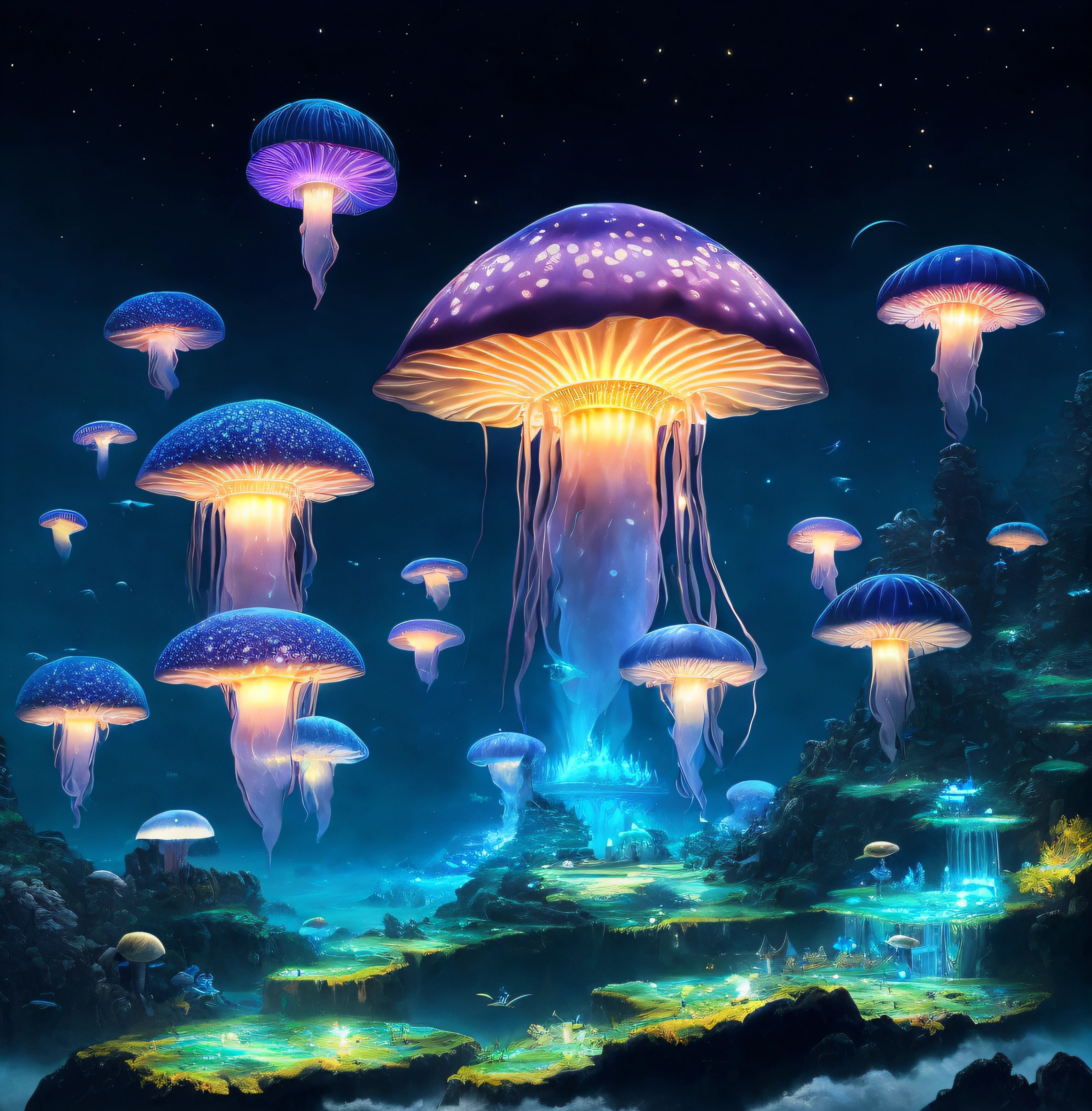 The mushroom world is my home. a realistic detail of a virtual glowing bioluminescent mushroom mega cities inside a floating jellyfish in the dark sea, metropolis in the dark at night is like a spiritual journey through a mushroom forest, cosmic, heavenly, god rays, ornate detail, cinematic, Professional, masterpiece, commissioned, best quality, Color Corrected, fixed in post, CHV3SSciFi, CHV3SUrban, CHV3SWorld, CHV3SMacro, CHV3SDark