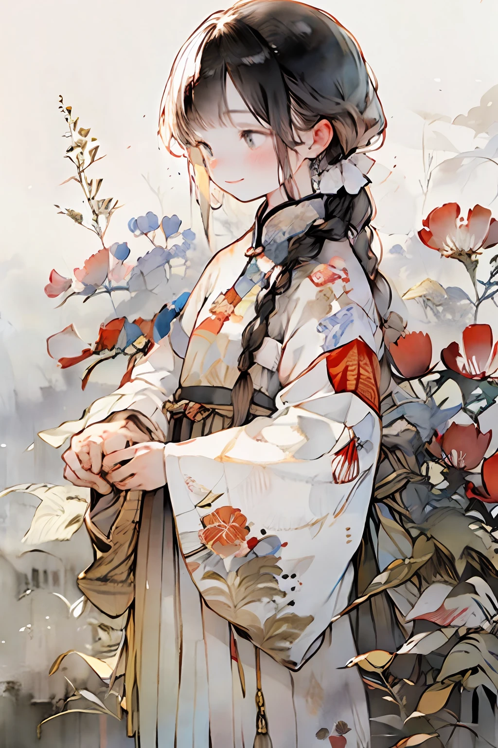 1girl, solo, braid, jewelry, blush, earrings, flowers, print, look at the audience, smile, long hair, long sleeves, floral background, (chinoiserie costume), black and white contrast, bloomers, chiffon, flowing, flying sleeves, rococo