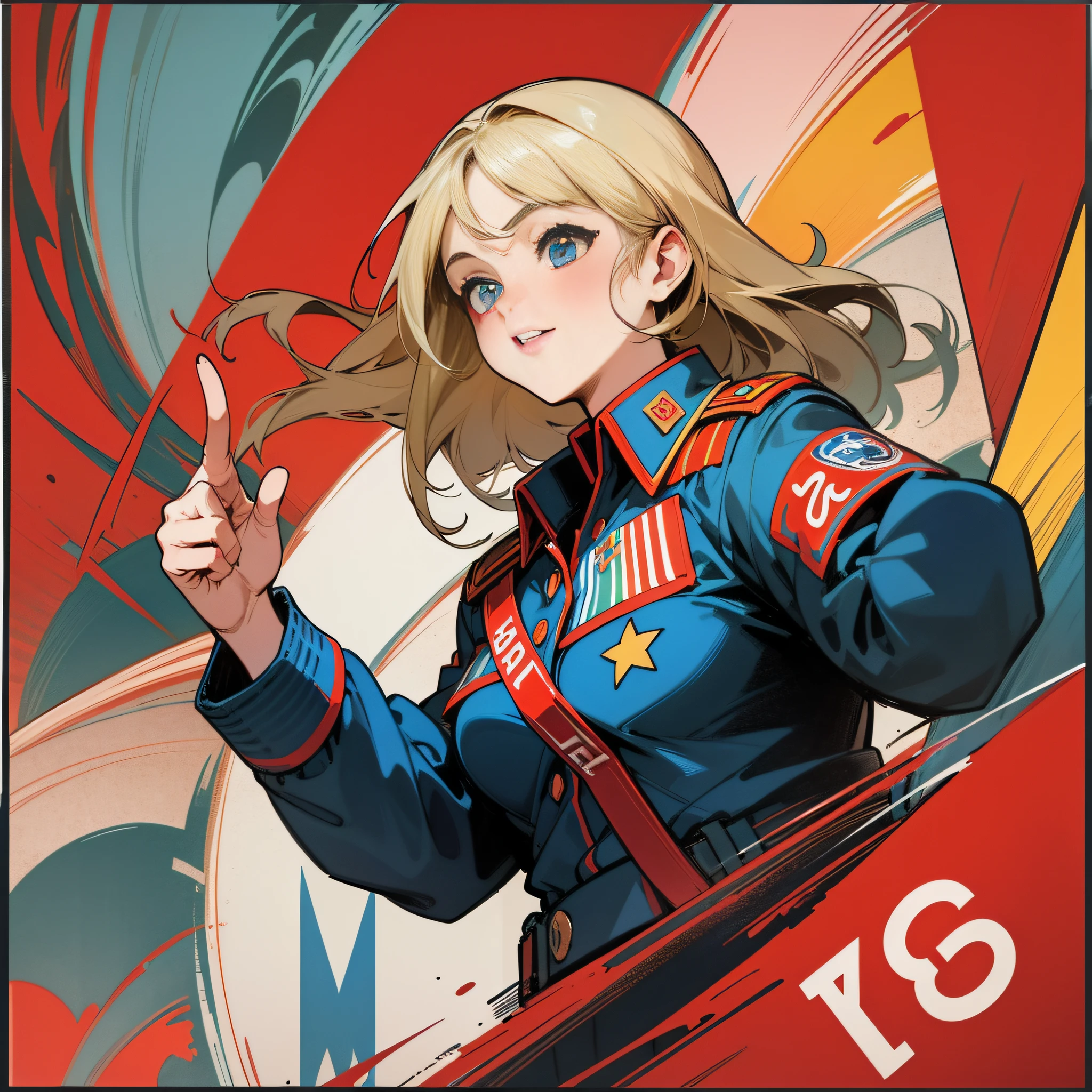 cccp poster, soviet poster, soviet flag in background, soviet poster, soviet poster, october revolution, ((cccp poster, soviet poster)) (blonde 1 mature girl raises her hand in the air) propaganda poster, poster, soviet flag on pole, blue sky with fighter, uniform, 1 GIRL, SOLO, GOOD BODY, POSTER DESIGN, POSTER ART STYLE. 1980s, 1950s, 1960s, basic color scheme, color art, rule of thirds, inspiring, general, officer, woman, 1 mature girl, hair fluttering in the wind, hands raised high, revolutionary, pointing with fingers, red square background, thick legs