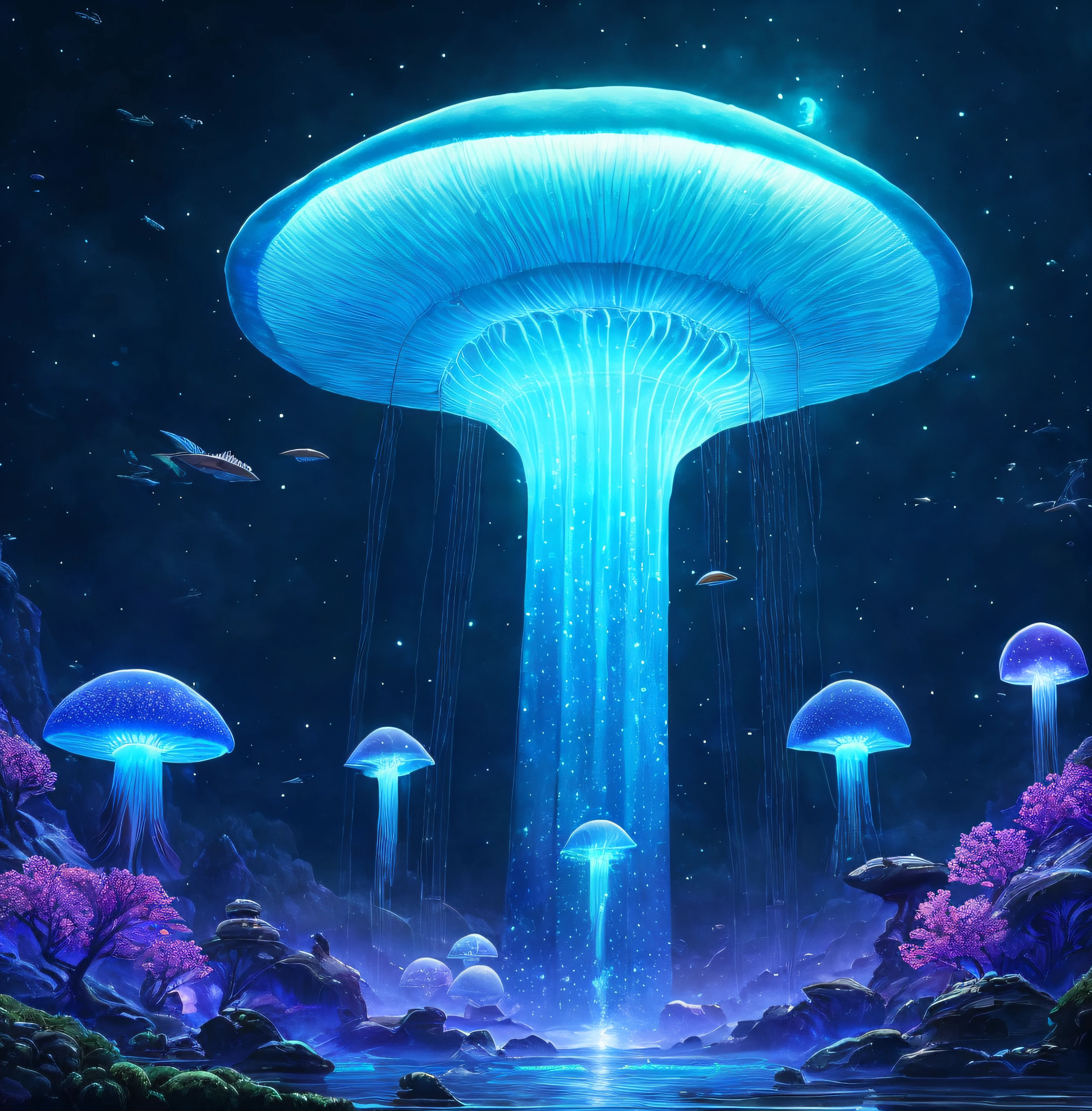 The mushroom world is my home. a realistic detail of a virtual glowing bioluminescent mushroom mega cities inside a floating jellyfish in the dark sea, metropolis in the dark at night is like a spiritual journey through a mushroom forest, cosmic, heavenly, god rays, ornate detail, cinematic, Professional, masterpiece, commissioned, best quality, Color Corrected, fixed in post, CHV3SSciFi, CHV3SUrban, CHV3SWorld, CHV3SMacro, CHV3SDark